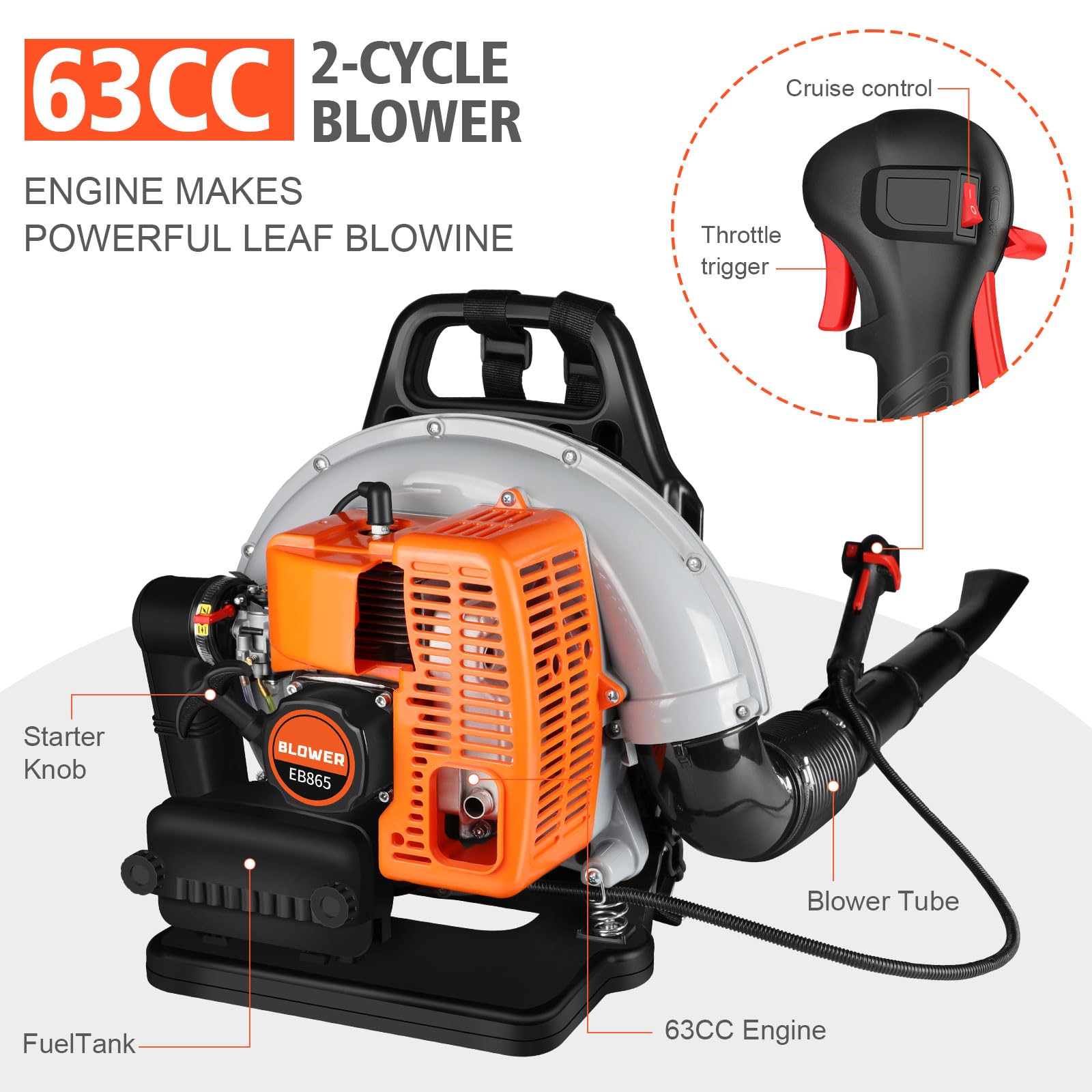 LabTEC Soplador de Hojas 63CC Gasline EB865 para Limpiar terrazas, Hojas, Cortar césped, soplar, triturar, Quitar el Polvo y Quitar la Nieve.
