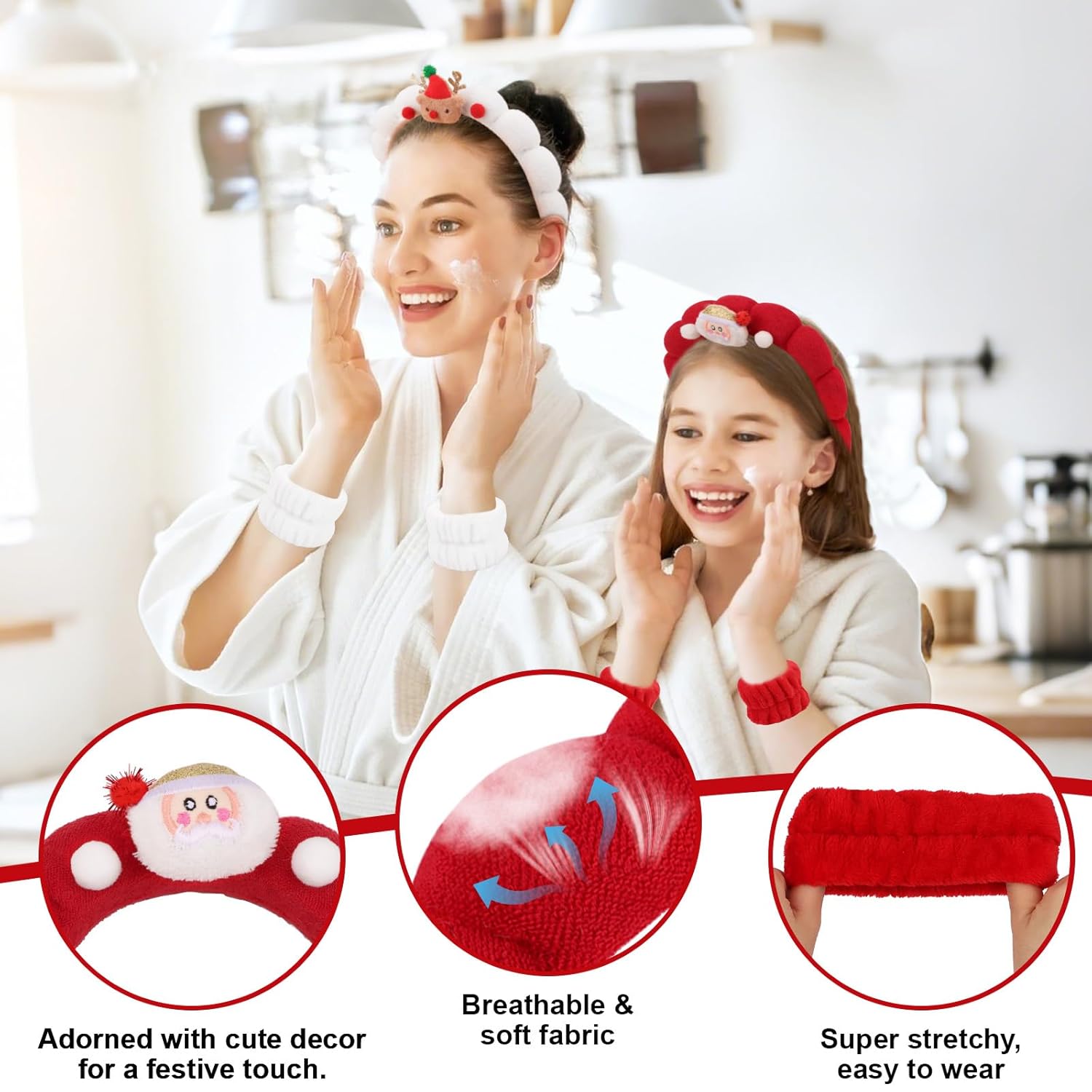 Wecoe Christmas Spa Headband & Wristband Set for Washing Face Red & White Facial Skincare Makeup Headband Puffy Sponge Bubble Head Band Hair Band Women Girls Accessories Gifts - Image 5