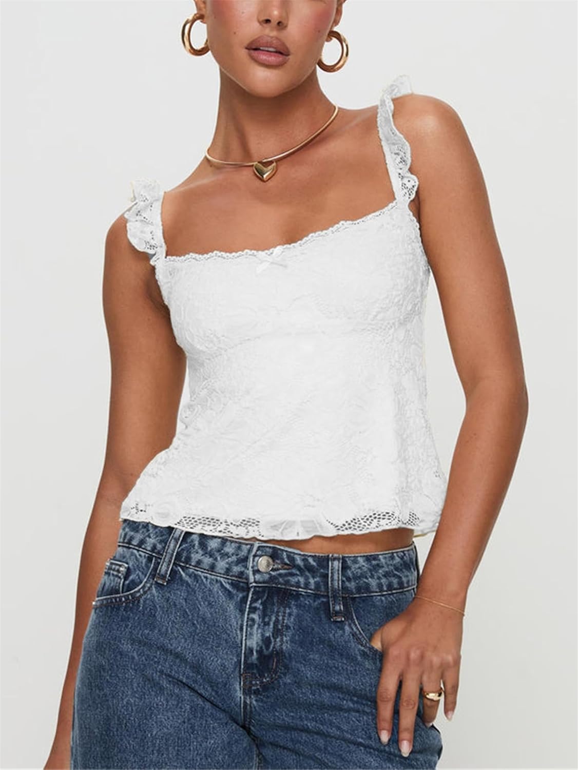 Women Y2k Lace Trim Tank Tops Cute Floral Lace LowCut Ruffle Going Out Camisole Summer Fairycore Coquette Streetwear - Image 2