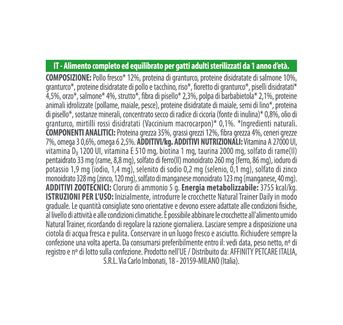 Trainer Natural Sterilised Adult con Salmone e Fibra di Pisello 3 Kg, 3000 Gr