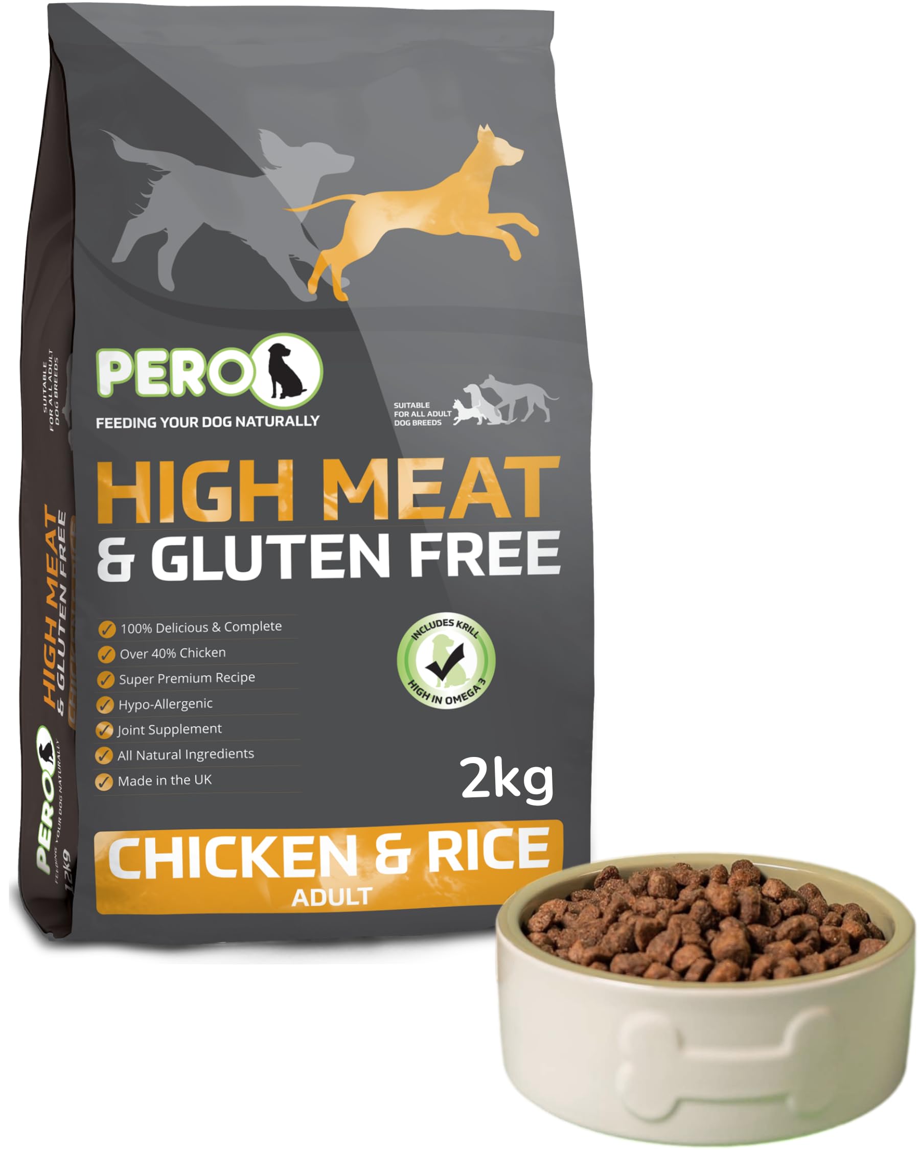 Pero High Meat & Gluten Free Dog Food – Chicken & Rice – 37% Chicken, Single Protein, Gentle Digestion, Joint Care (2kg)