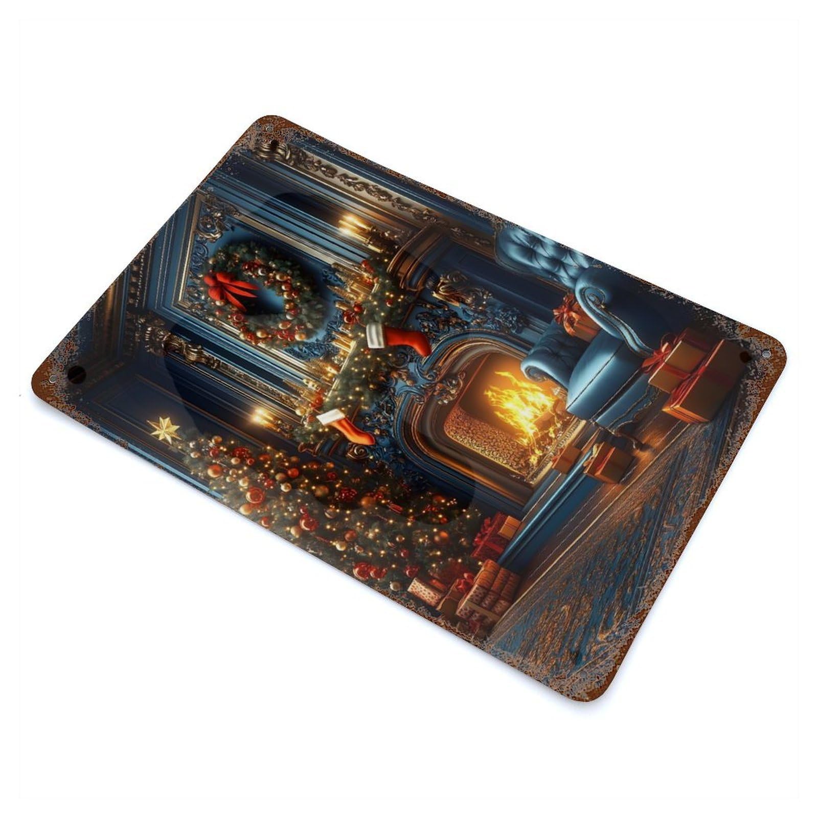 Rust Effect Christmas Fireplace Decor Vintage Rust Metal Sign 11.8"x7.9", Classic Wall Plaque for Shed, Workshop And Garage Wall Decor