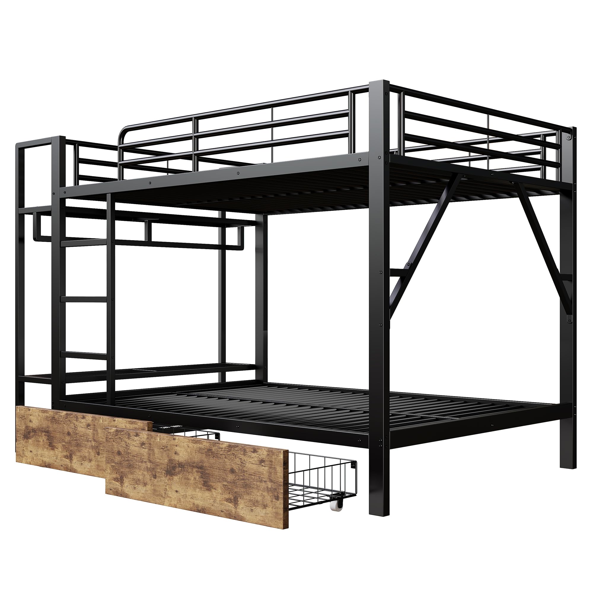 Letto a castello, 140 x 200 cm, telaio in ferro, 2 cassetti, ripiani multipli, con asta, materasso non incluso (nero)