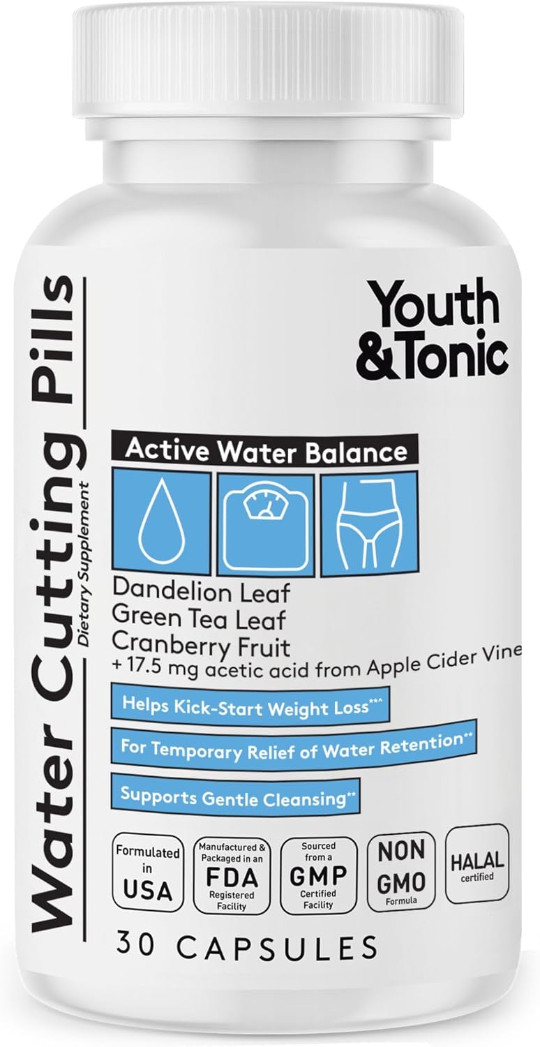 Youth & Tonic Water Cutting Pills – Natural Diuretic Complex for Temporary Water Gain, Swelling, Fluid Retention, Puffiness, Swollen Legs, Ankles, Arms, Puffy Eyes. for Men & Women with 30 Capsules