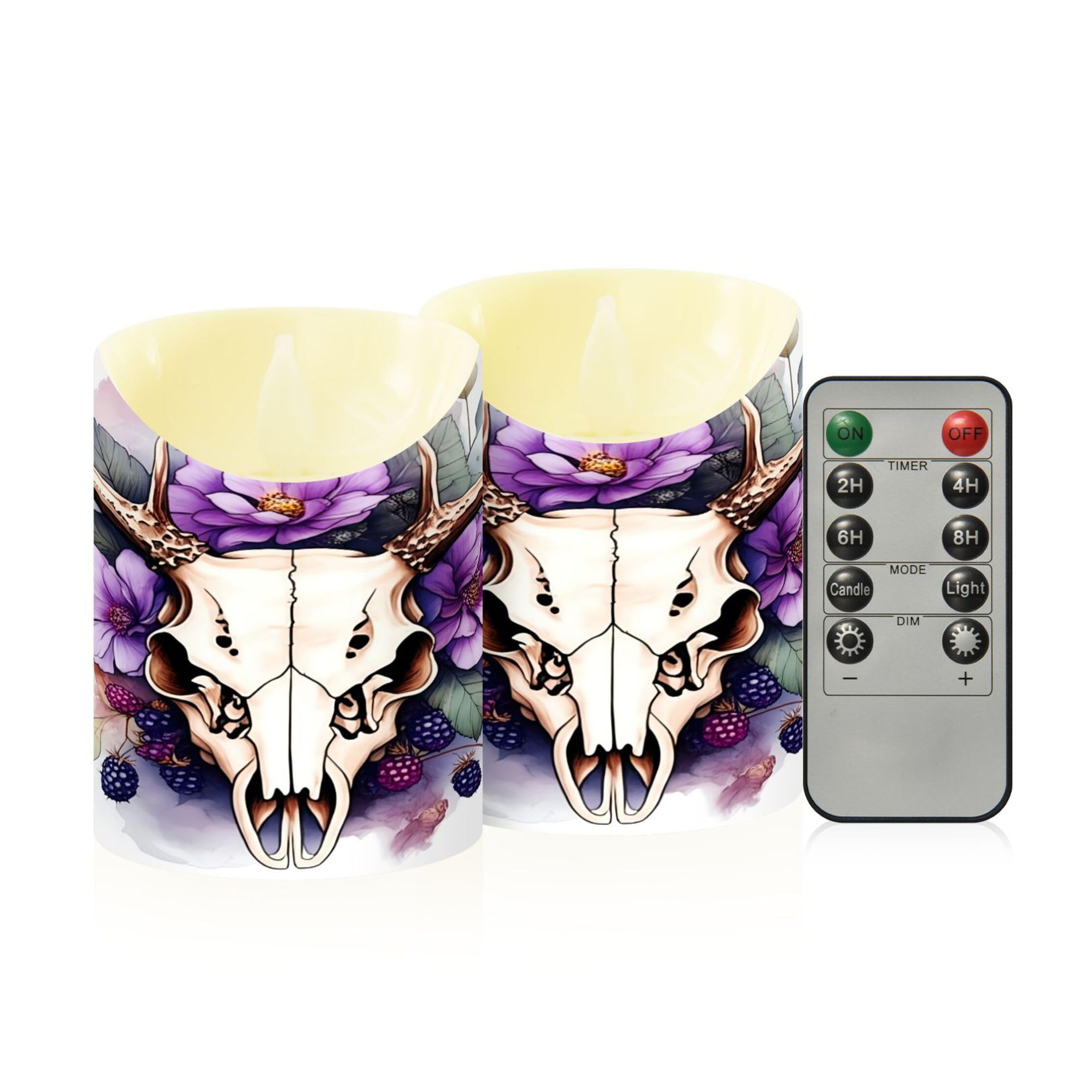 Kutsu Reindeer Skull Flameless Candles Set of 2, Battery Operated LED Flickering Candles with Remote and Timer, Plastic Pillar Candles for Home Wedding Decor