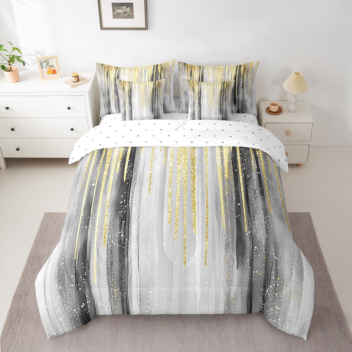 jejeloiu Geometric Comforter Set with Sheets Queen Size Kids Modern Art Bed in a Bag for Boys Girls Teens Yellow Black Grey 7 Pieces Bedding Set