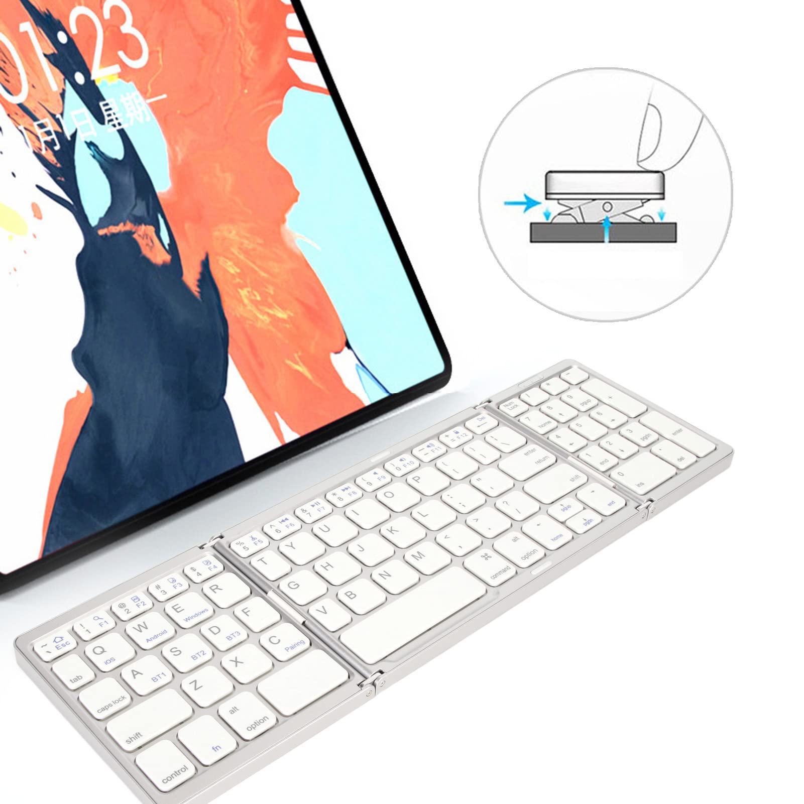 Tastiera Bluetooth Pieghevole, Tastiera Wireless 3 Pieghe Mini Tastiera Pieghevole Portatile, Tastiera Tascabile Ultra Sottile Ricaricabile per OSX per Android per (Bianco argenteo)