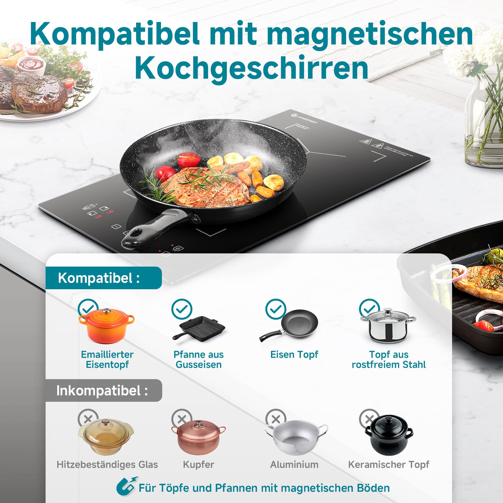 AMZCHEF Induktionskochfeld 2 Platten, Doppel Induktionskochplatte mit Flexzonen und Stecker, 10 Leistungsstufen, Sicherheitsschloss und Timer, Touch-Schieberegler,3300W,Schwarz