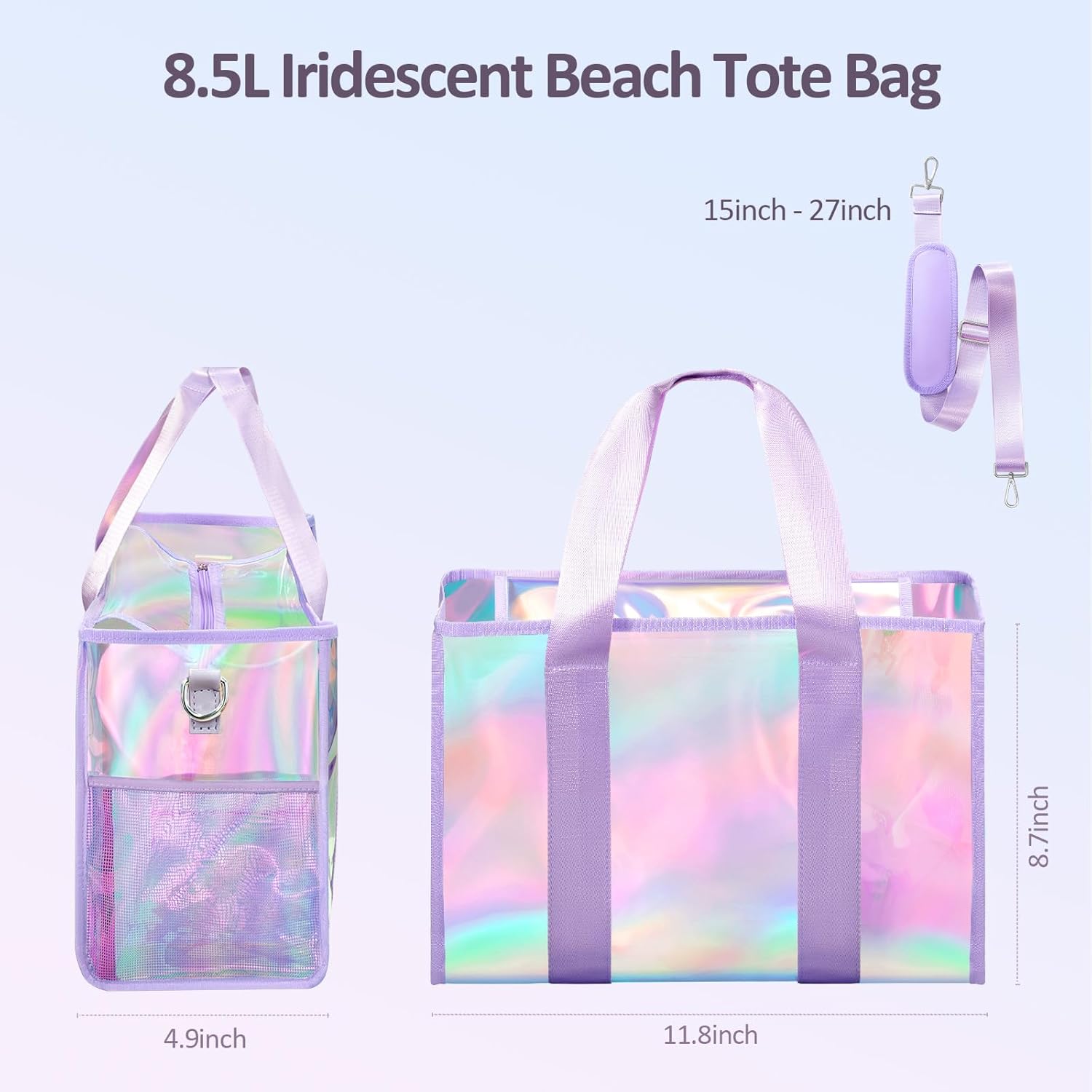 Beach Bag 26L Large Iridescent Waterproof Beach Tote Bag for Women with Zipper & Phone Pouch Sand/Tip-Proof Crossbody - Image 3