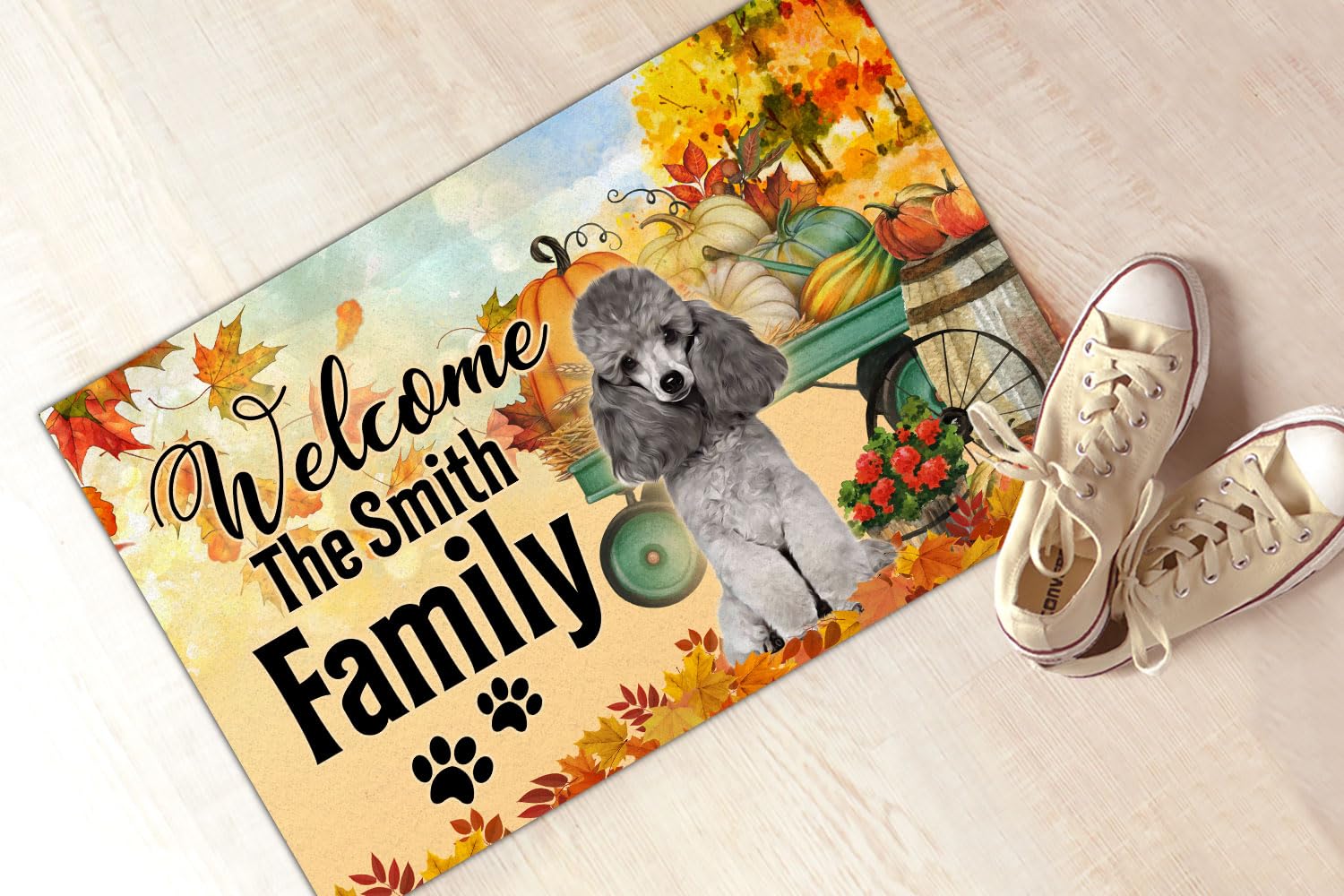 Personalized Fall Welcome Door Mat Poodle Doormat Pumpkin Thanksgiving Autumn Doormat Indoor Outdoor Entrance Low-Profile Floor Non Slip Rug Mats Housewarming Gift for Dog Lover