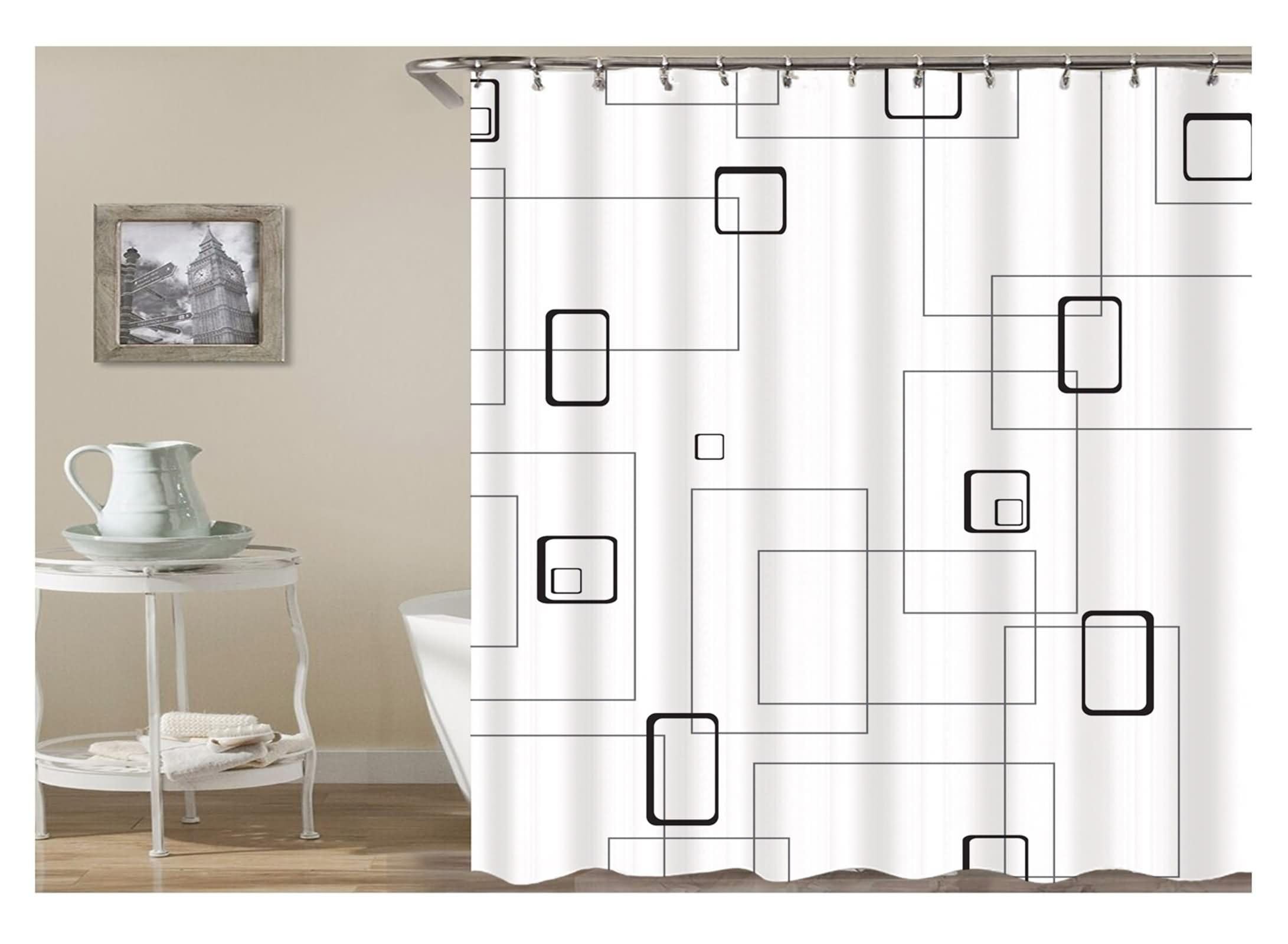 Duschvorhang Antischimmel 165x200CM Weiß, Polyester Duschvorhänge Für Badewannen mit ÖSEN Rechteckig Muster Badezimmer Vorhang mit Haken