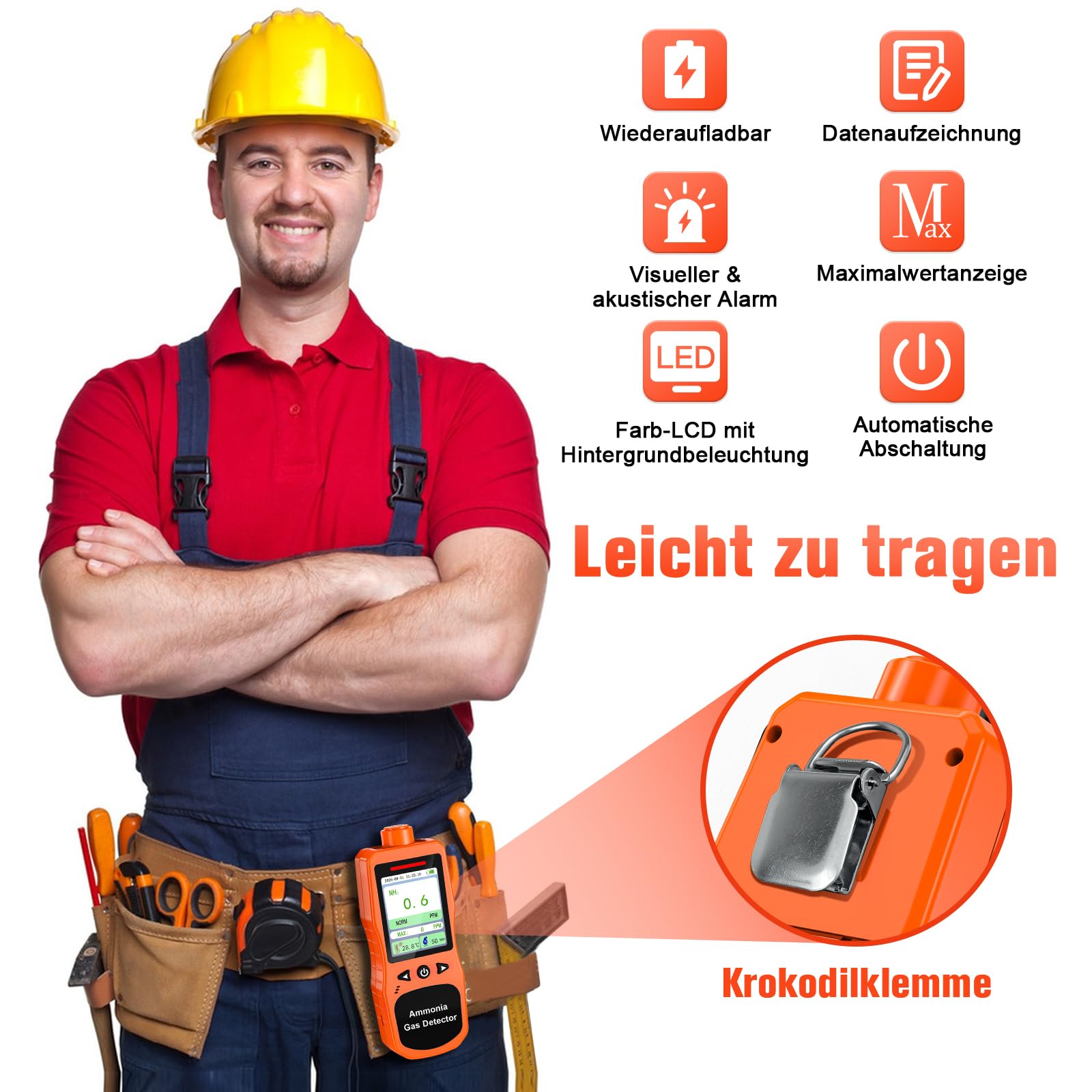 Tragbarer Ammoniak Gasmelder, 0-200 PPM Wiederaufladbarer Ammoniak Detektor, Digitales NH3 Luftqualitätsmessgerät mit Temperatur Feuchtigkeitstester für Stall, Geflügel, Schweine, Vieh, Orange