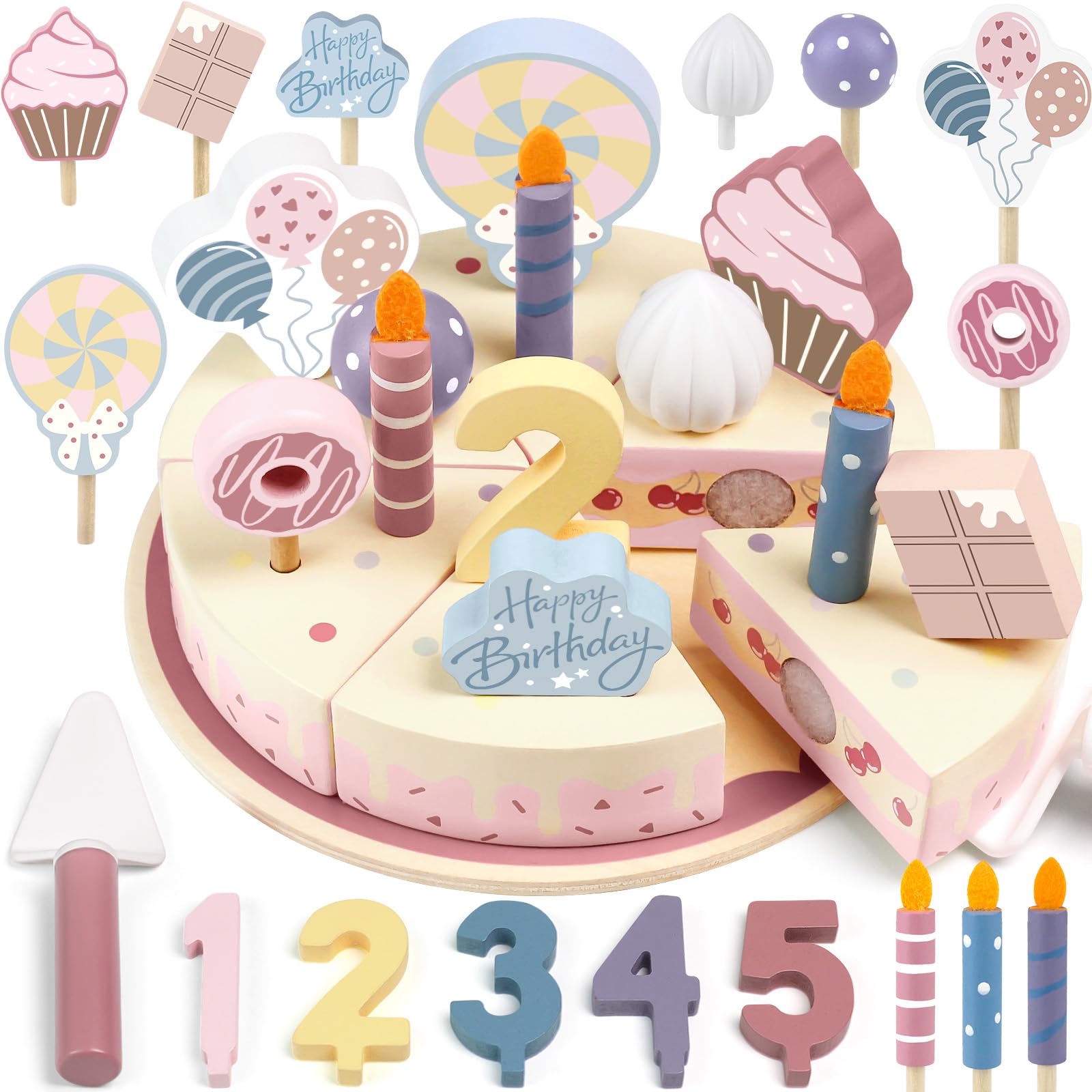 Airlab Torta da Tagliare Giocattolo, Accessori Cucina Giocattolo Legno per Bambini Bambina, Set Cibo Finto Giocattolo per Cucina Bambini, Regalo Bambino Compleanno Pasqua Halloween Natale 3 4 5+ Anni