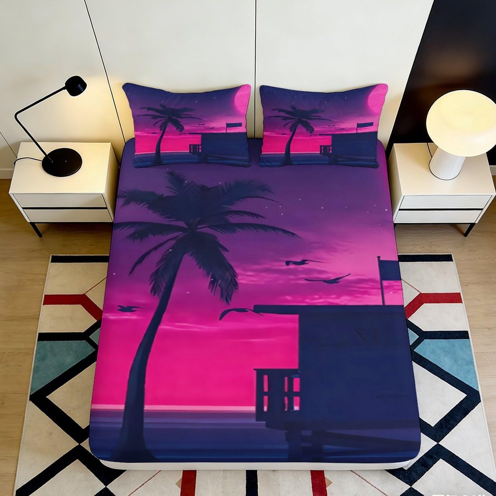 3D Printed Sunset Beach Palm Tree Fitted Sheet Microfiber Soft Breathable Seaside Bed Cover for Bedroom Dorm Mattress Protection Decor 200x200x25cm
