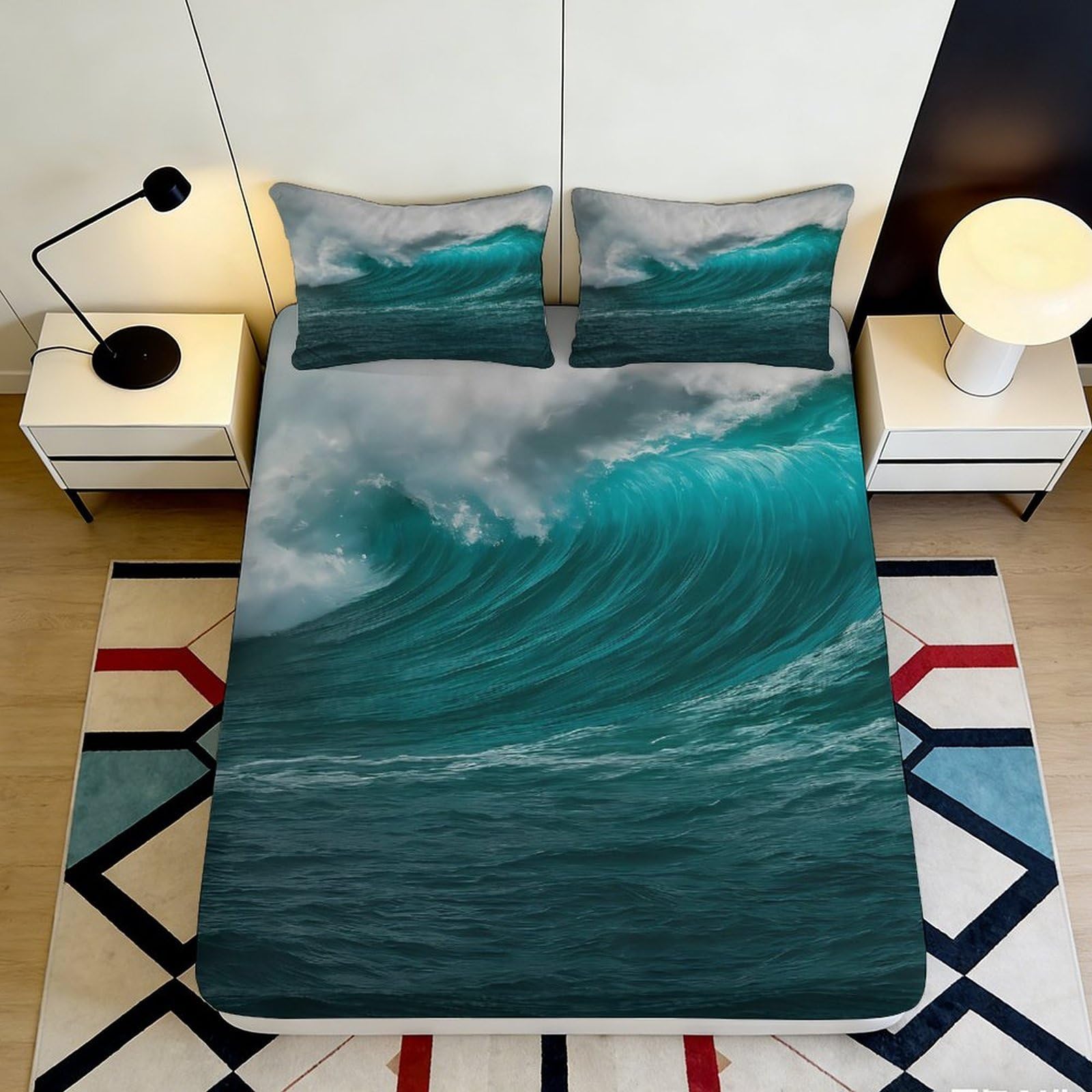 3D Printed Ocean Wave Fitted Sheet Microfiber Soft Breathable Sea Storm Mattress Cover for Bedroom Dorm Mattress Protection Decor 140x200x25cm