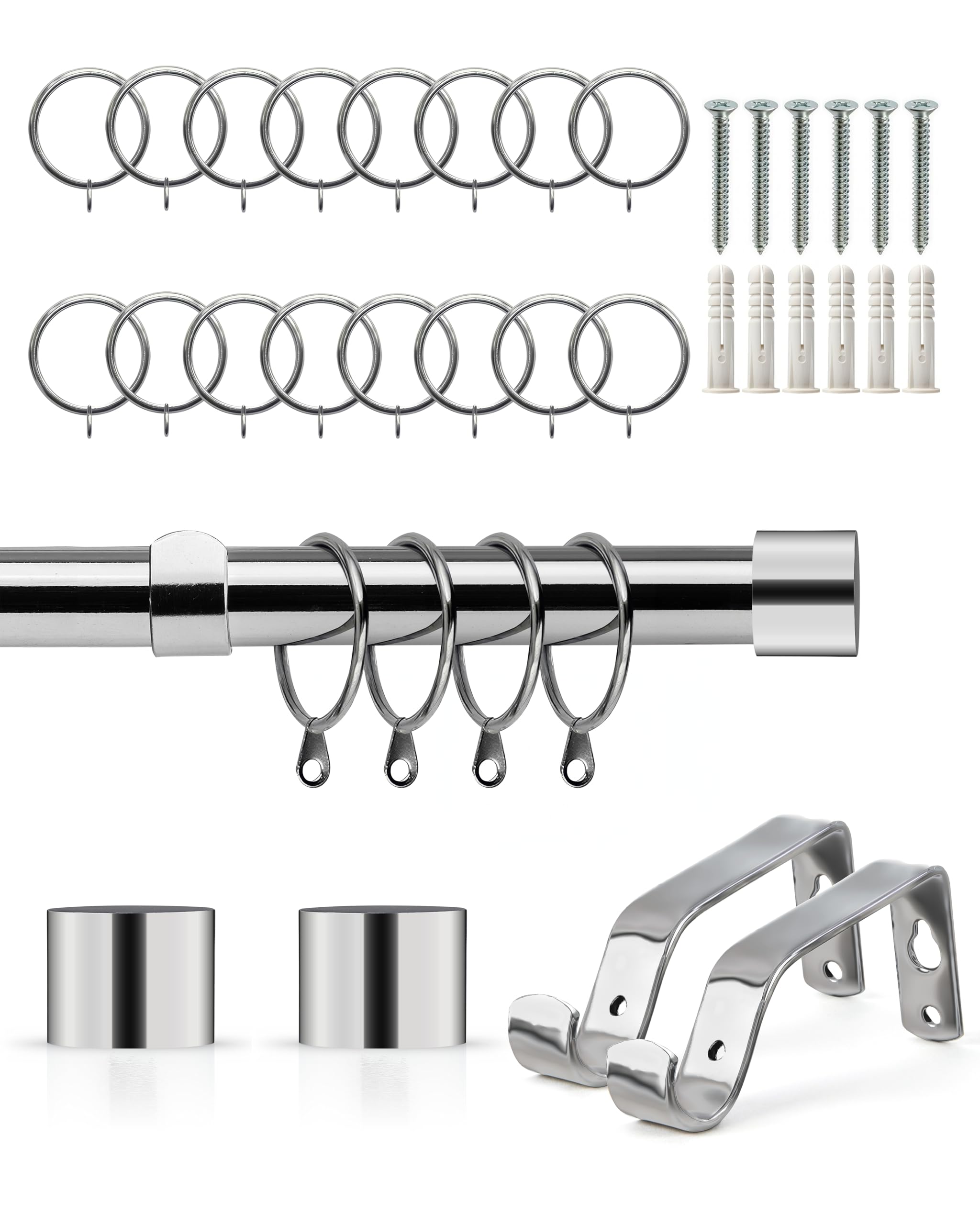 Emma Barclay Extendable Curtain Pole With Finials Rings Brackets & Fittings Sets 16-19mm in Chrome Metal Curtain Poles For Eyelet Curtains Rod -Full Stop Collection 1.2m - 2.1m Chrome