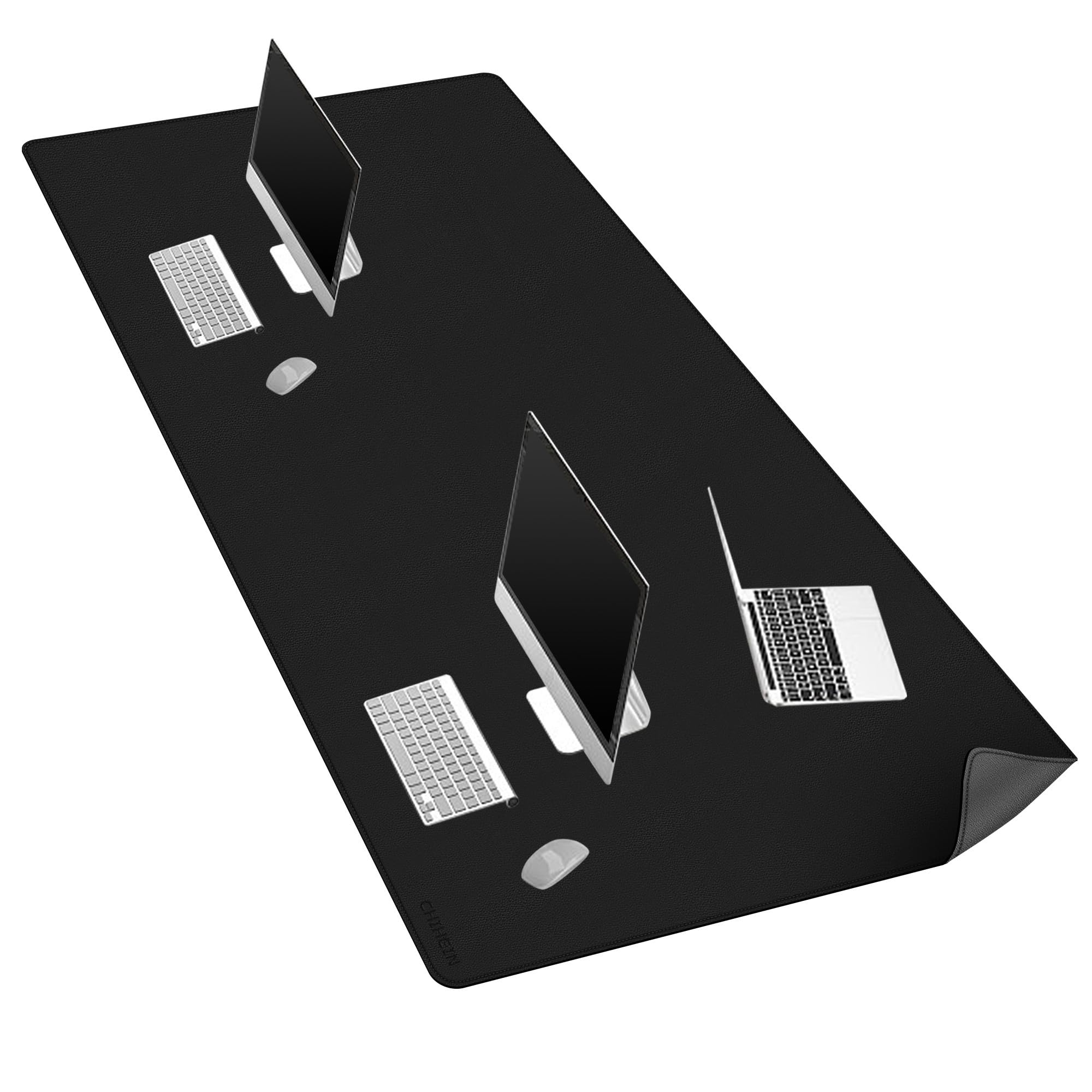Chihein Tappetino da scrivania in pelle PU, 180,3 x 88,9 cm, doppio lato, grande protezione per scrivania, impermeabile, per ufficio, casa, gioco (nero/grigio)