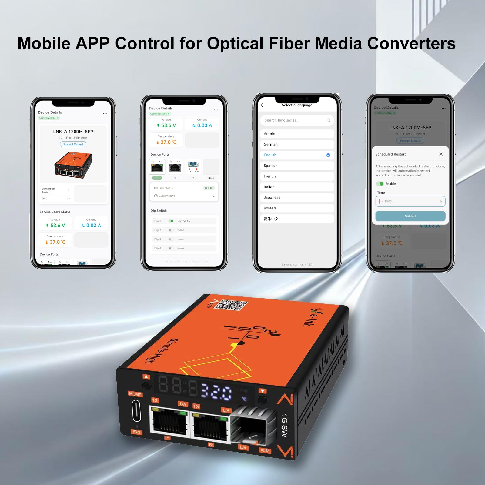 Convertitore multimediale in fibra gestita intelligente AI, 10/100/1000Mbps, 2 × RJ45 1 × SFP, display a LED, VLAN DIP, controllo APP/Web, allarme DDM, per autostrada, transito ferroviario e