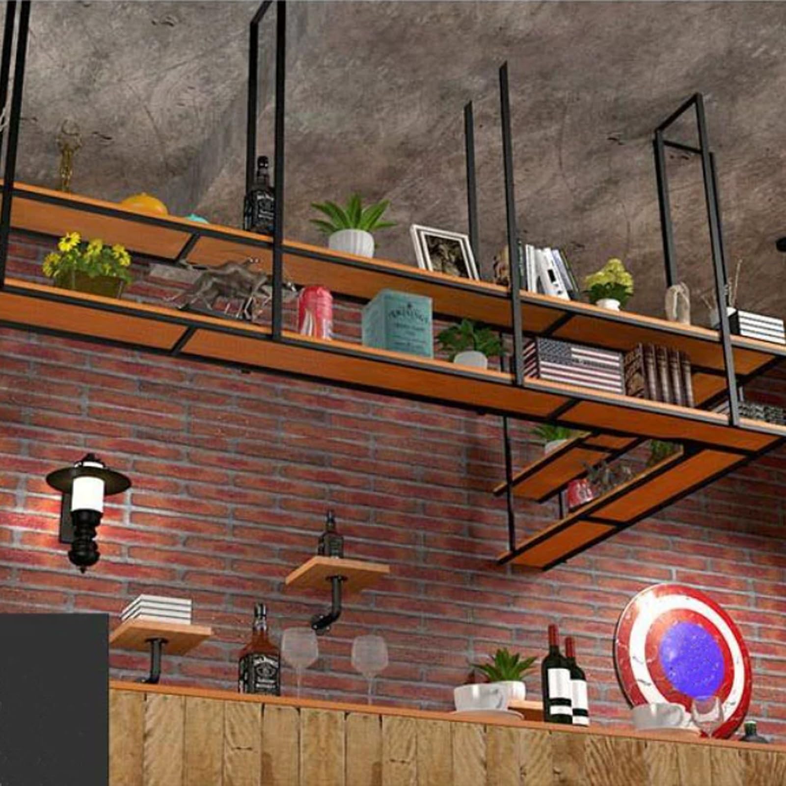 Étagères décoratives en bois et fer forgé pour une suspension de plafond haut de gamme