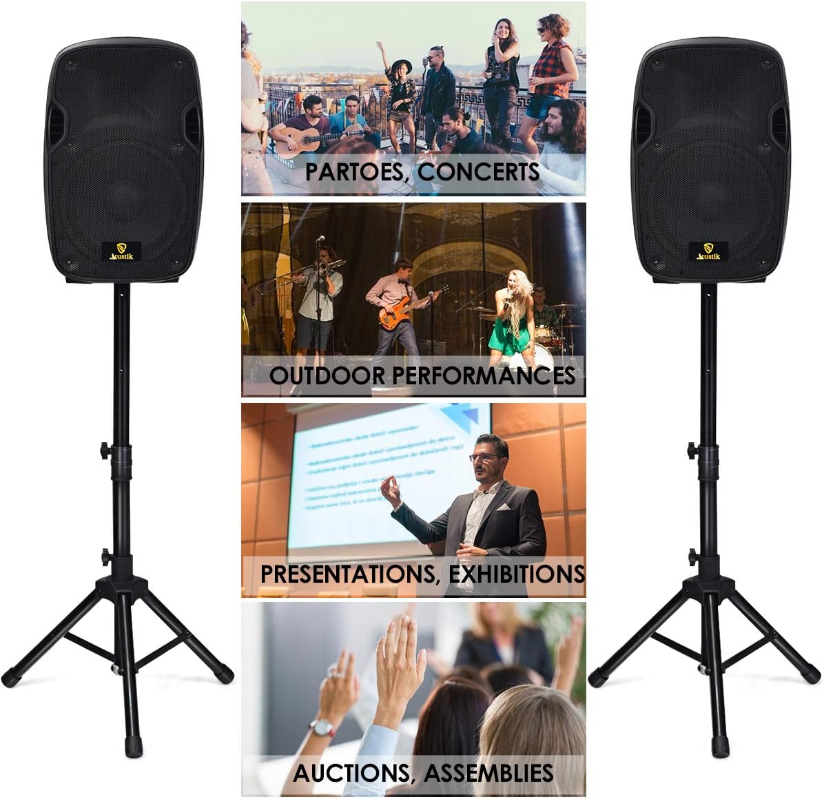 AKUSTIK Dual 2-Way Powered PA Speaker System, Portable DJ Speaker with Active + Passive Speakers, 2 Speaker Stands, Microphone, Bluetooth, USB/SD Card, FM Radio, Remote Control (Dual x 10 Inch)
