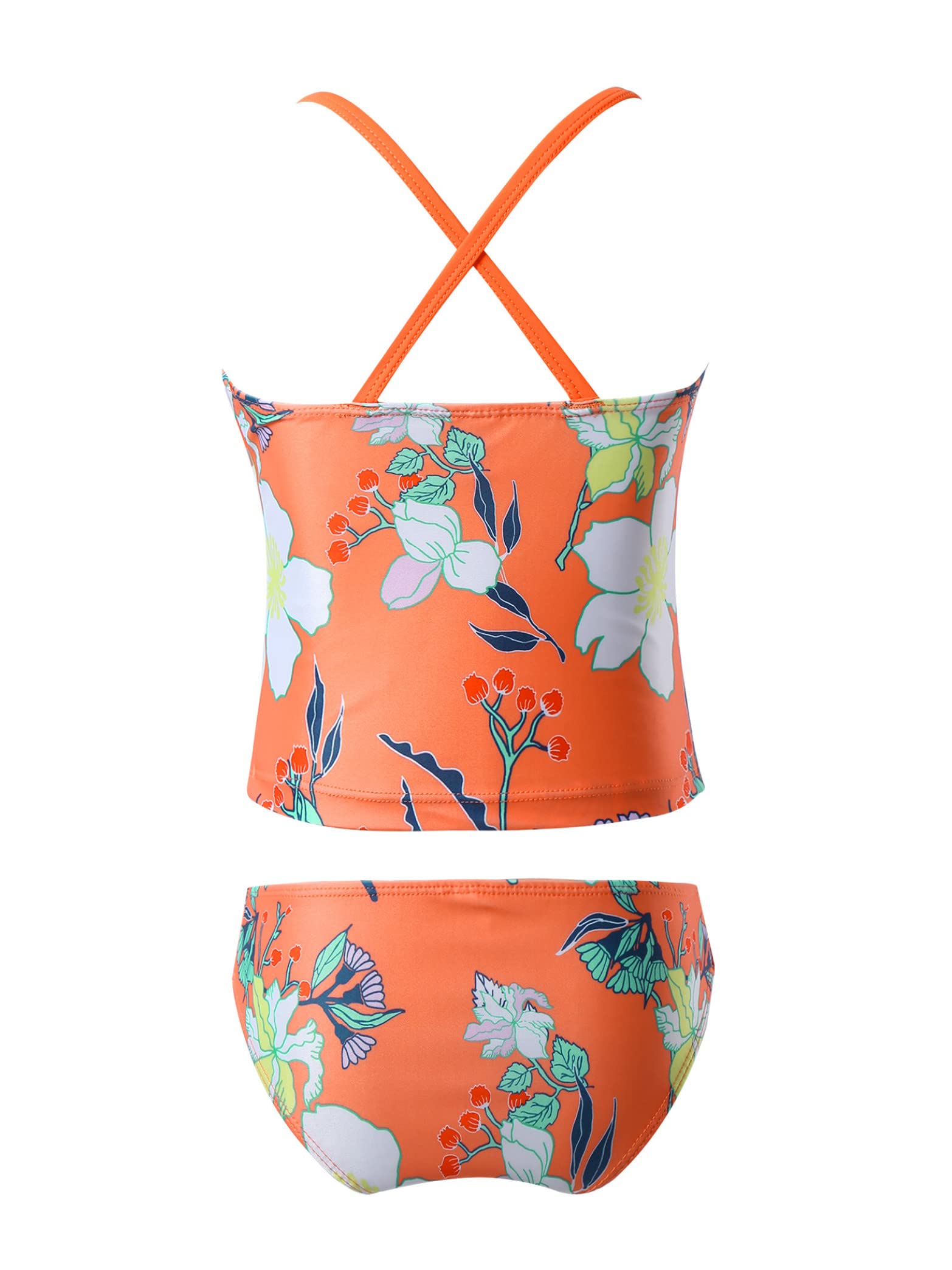 Daenrui Kids Girls 2 Piece Tropical Print Tankini Sets Bathing Suit Spaghetti Strap Ruffles Hawaii Swimsuit Orange 4 Years