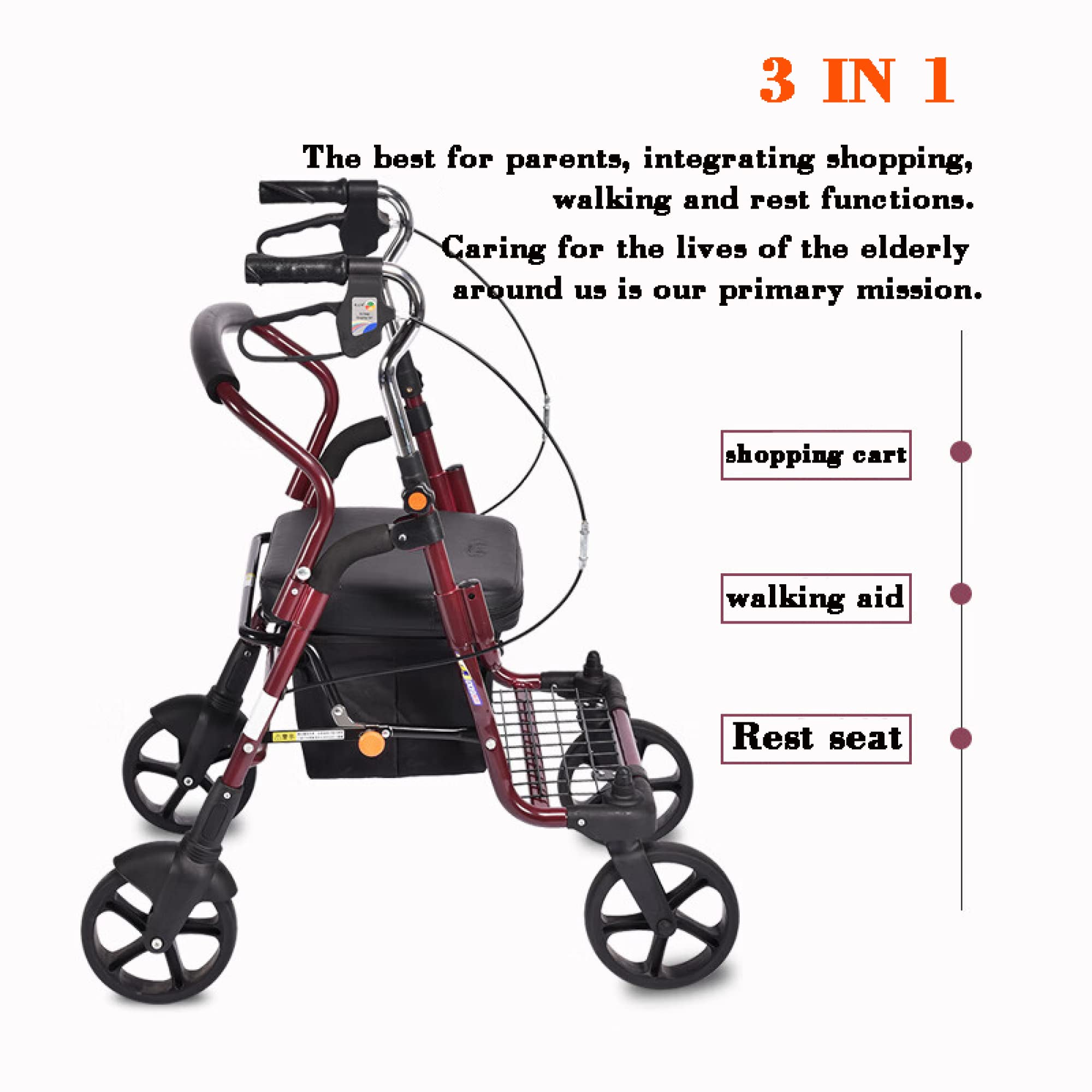 Silla de ruedas auxiliar - Silla de transporte auxiliar para ancianos 2 en 1 - andador plegable con asiento y rueda de 8 pulgadas - soporte de 100 kg /220 libras