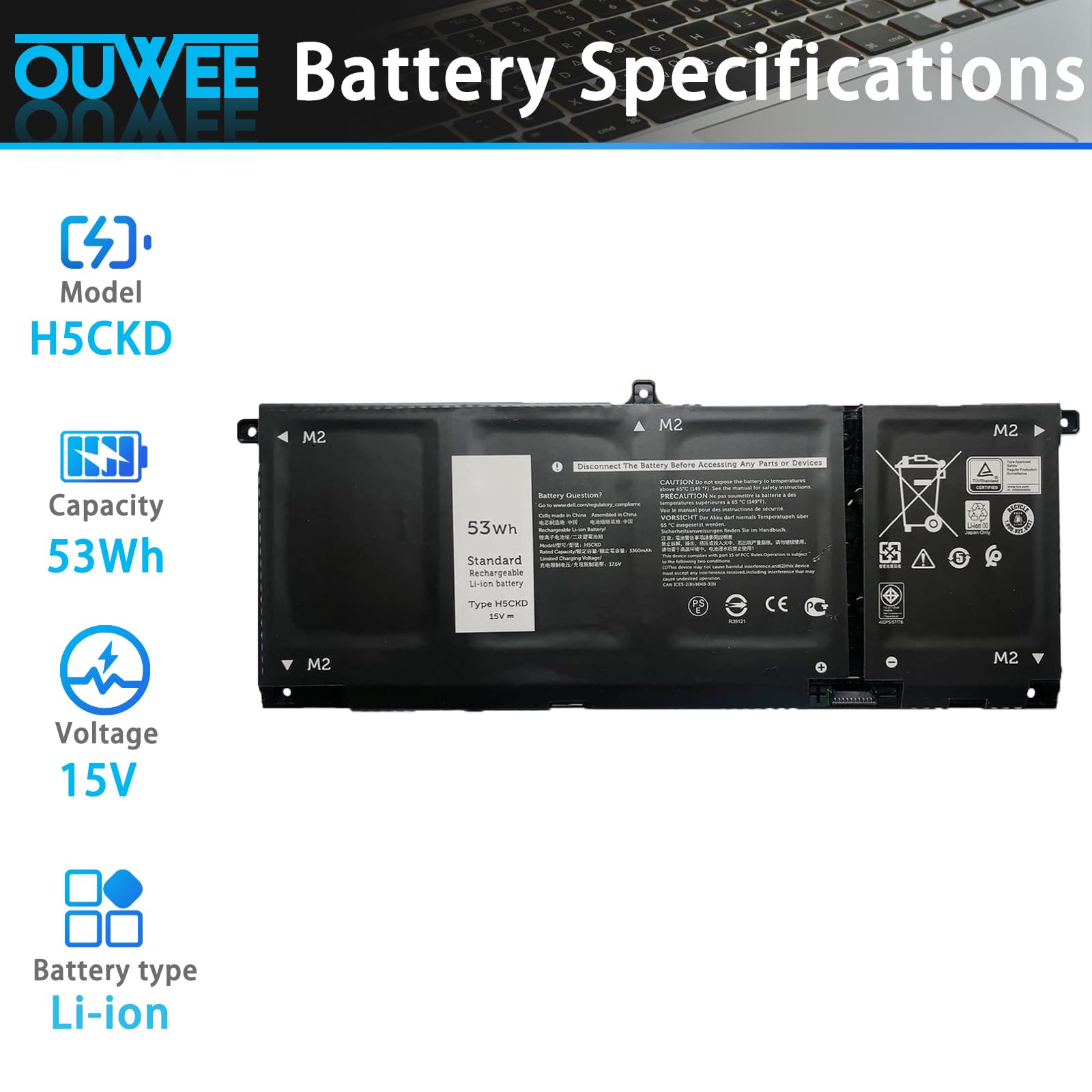 53Wh H5CKD Batterie De Remplacement 15V Pour Dell Inspiron 5400 5406 7405 7300 7306 7500 7506 2 En 1 Argent 5300 5301 5401 5402 5408 5409 5501 5501 5402 5409 5501 5401 5408 5409 5501 5501 5402 501 501