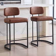 Ya-Home Set of 2 PU Bar Stool with Cushion and Soft Back, Kitchen High Stool with Metal Legs for Restaurant/Bar, Brown