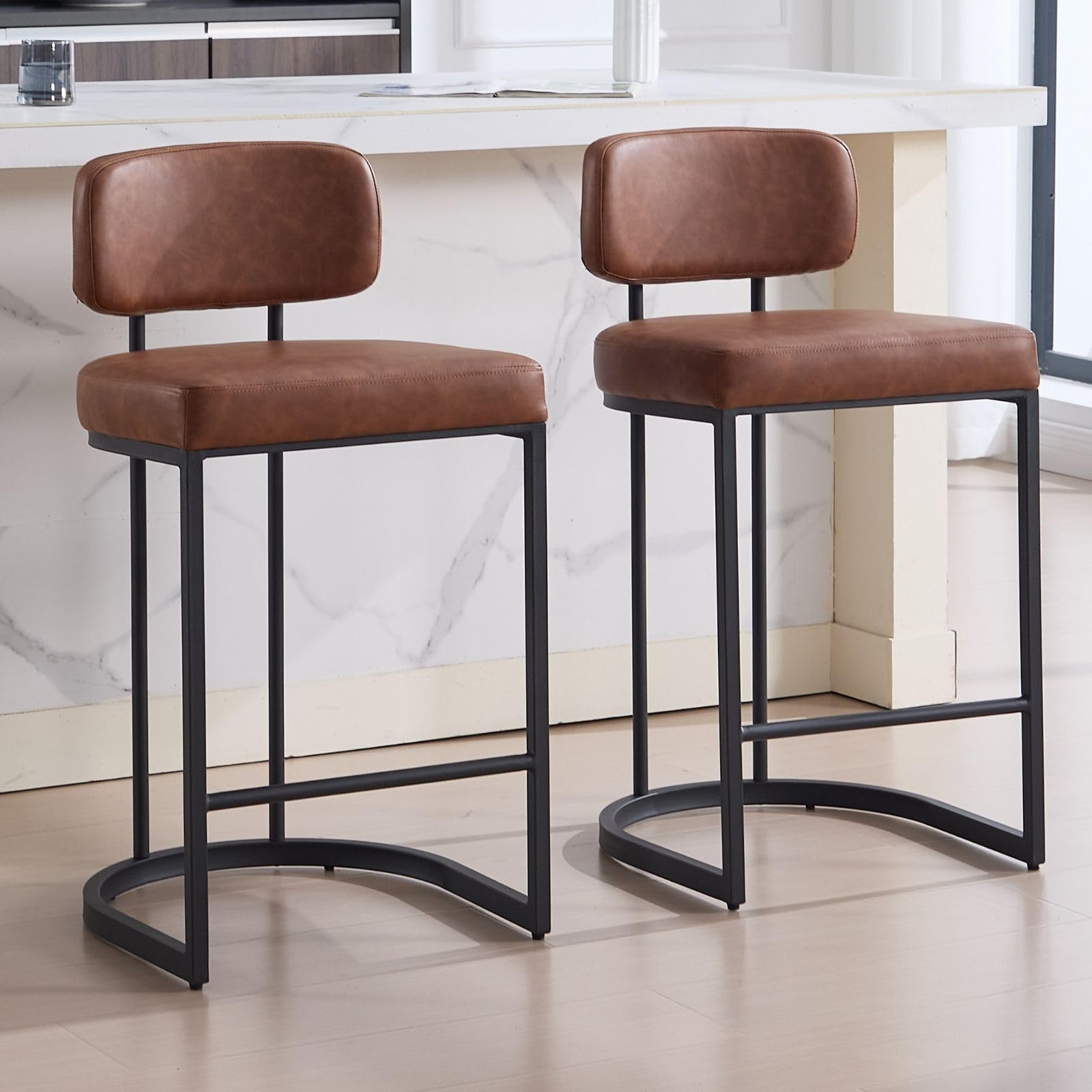 Ya-Home Bar Stools Set of 2 PU Leather Modern Counter High Chairs with Backrest, Thick Padded Breakfast Kitchen Chairs for Kitchen Island/Dining Room/Pub, Brown
