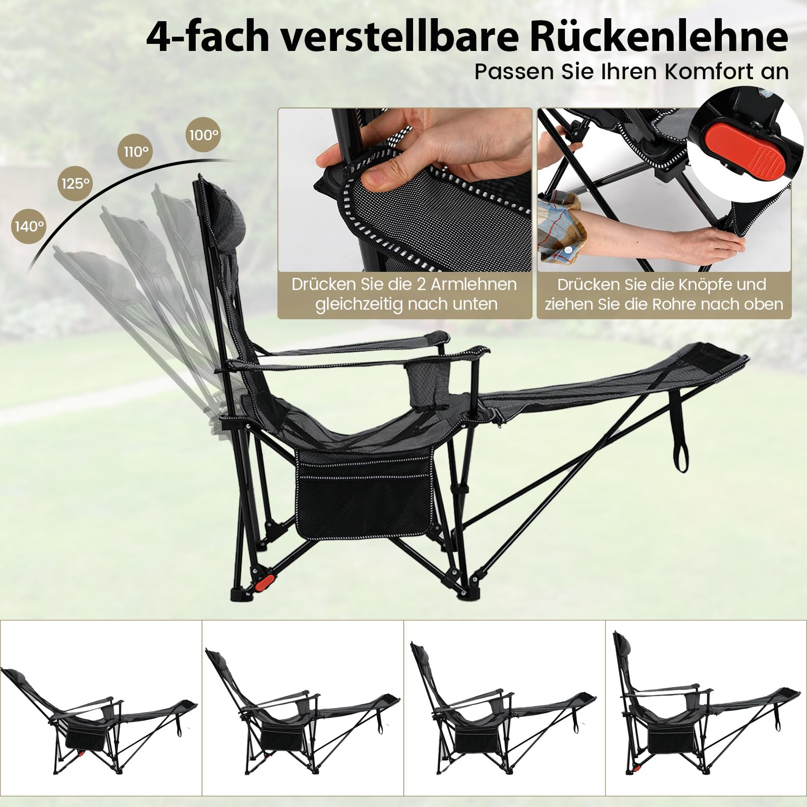 COSTWAY Campingstuhl mit Abnehmbarer Fußablage, klappbarer Angelstuhl mit Verstellbarer Rückenlehne, Kopfstütze, Getränkehalter & Seitentasche, Klappstuhl, Faltstuhl für Camping, Angeln (Grau)