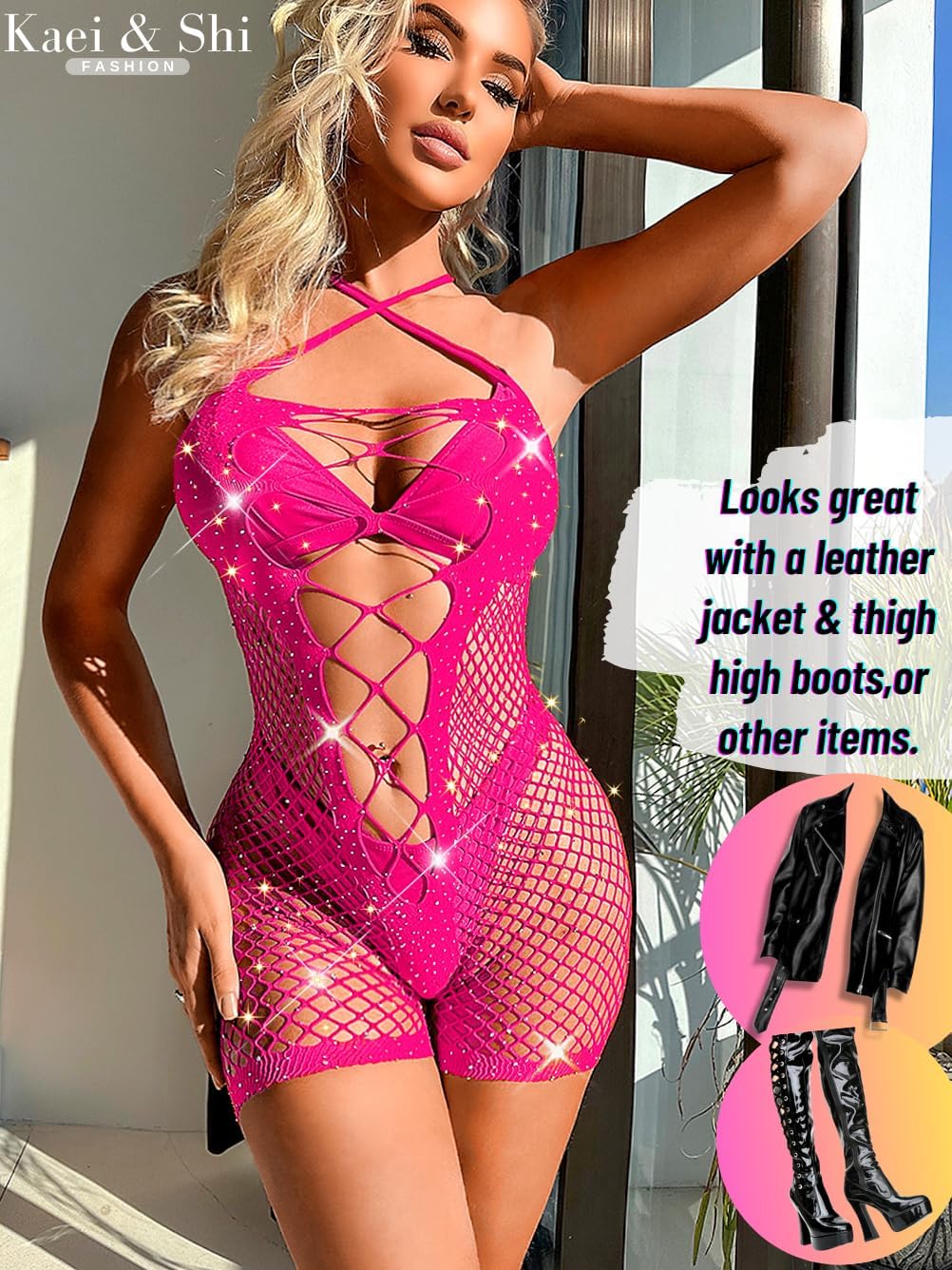 Kaei&Shi Rhinestone Rave Outfits Fit 0-16, Exotic Dancer Fishnet Bodysuit, Sexy Glow Stripper Bodystocking Lingerie For Women - Image 6