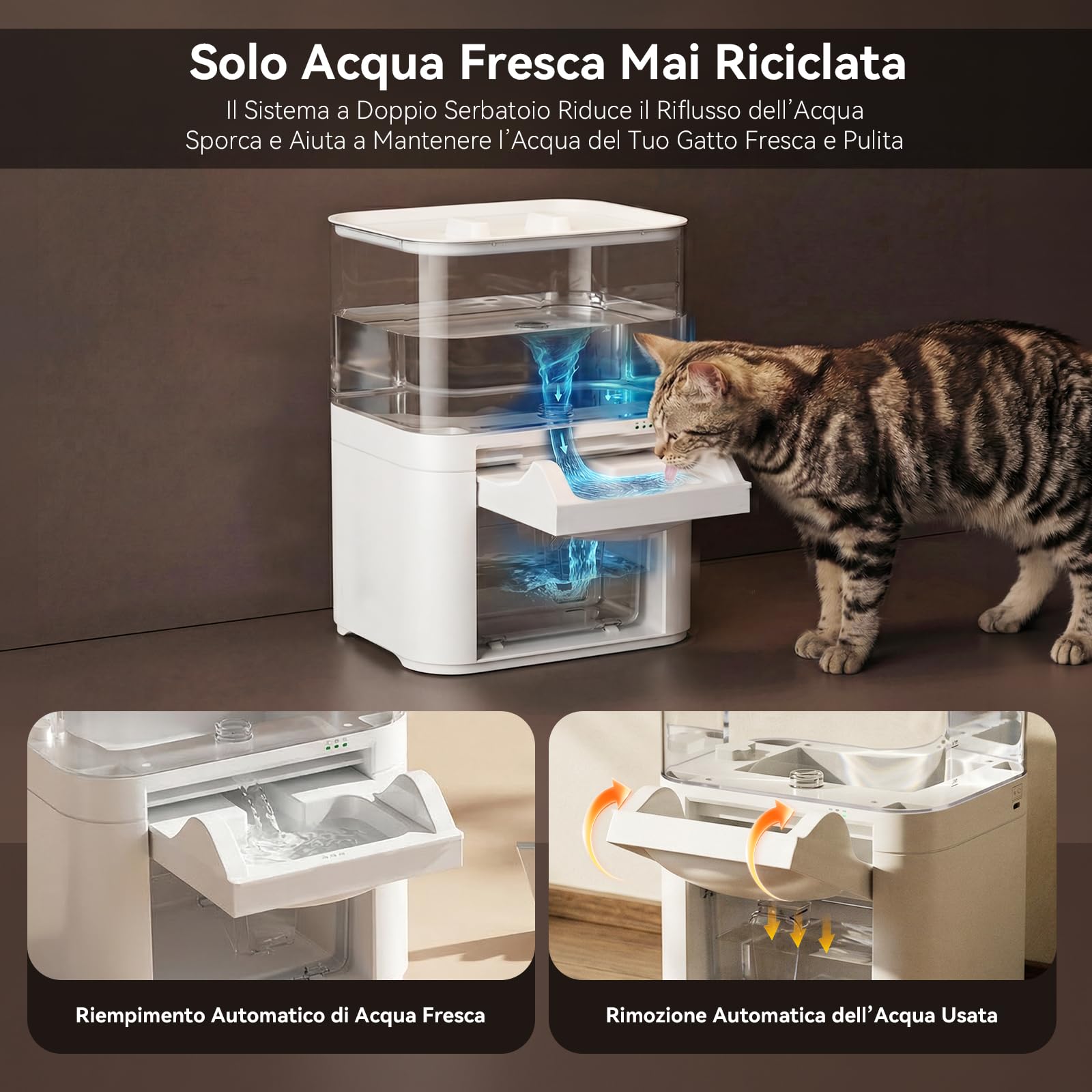 Redkey A10 Fontanella per Gatti senza Fili 4L Capacità, 4000mAh con Rilevamento a Infrarossi, senza Filtro, Separazione Acqua Pulita/Sporka, Silenziosa, Fontana Gatto con 2 Ciotole usa e Getta