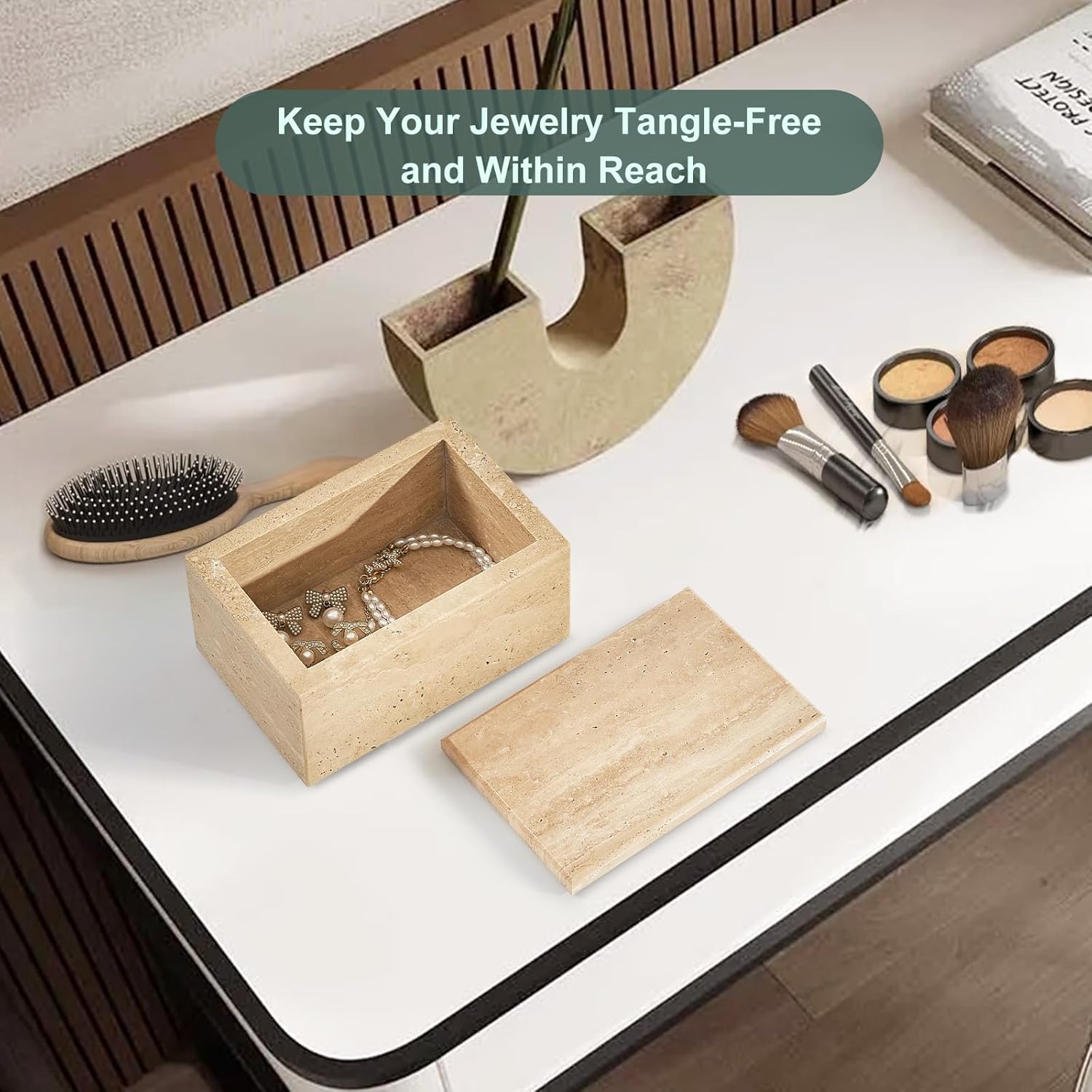 Natural Marble Storage Box with Lid, Rectangular Stone Organizer Box for Jewelry, Cotton Swabs, Makeup, 5.9x3.9x3.1 Inch Luxury Home Decor Travertine Keepsake Box