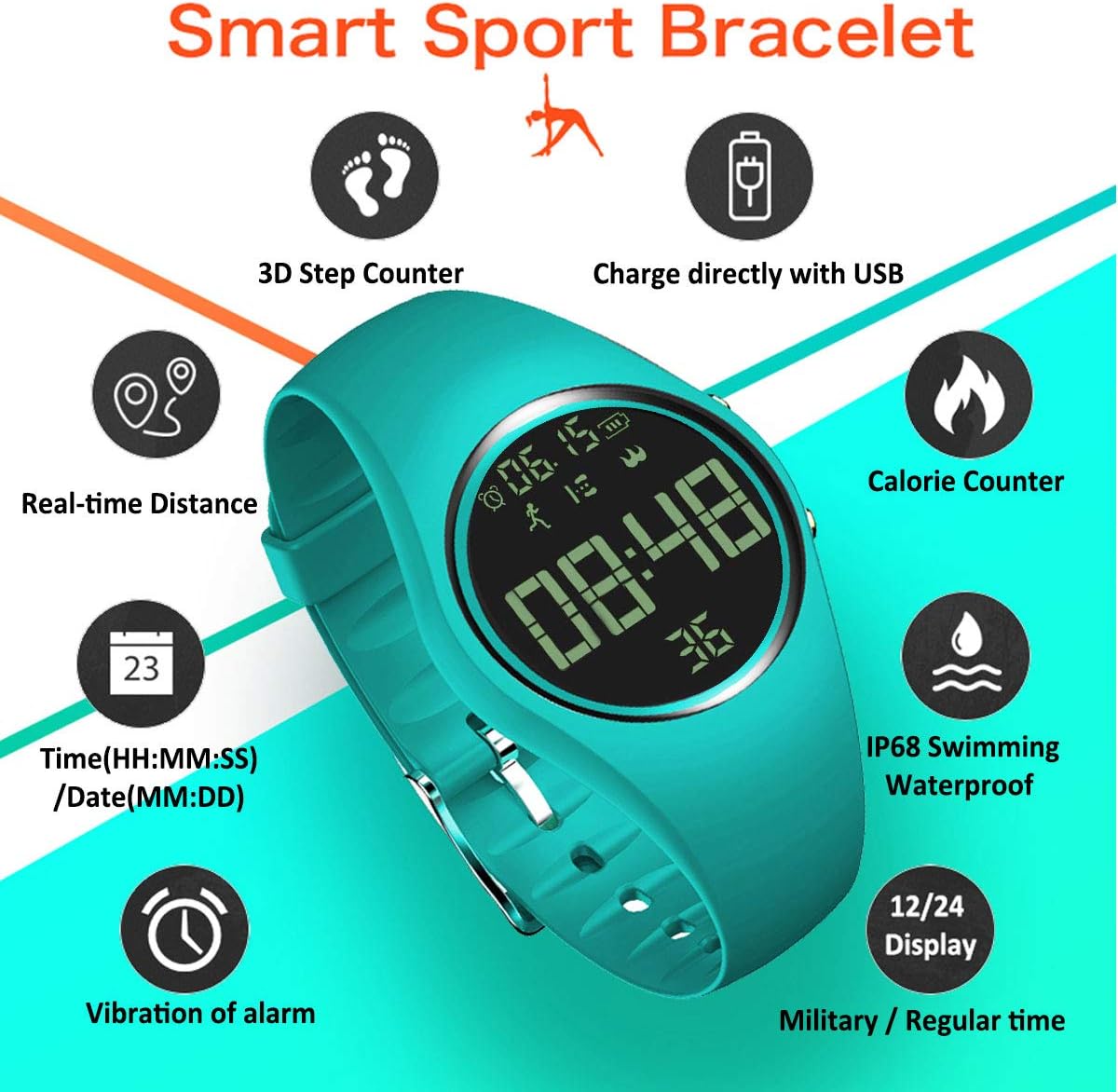 3D Non-Bluetooth Pedometer Watch Sport Wristband IP68 Swimming Water-resistant Fitness Tracker with Accurately Track Steps/Distance/Calorie/Clock/Timer for Walking Running Kids Men Women (Marrs Green) : Sports & Outdoors