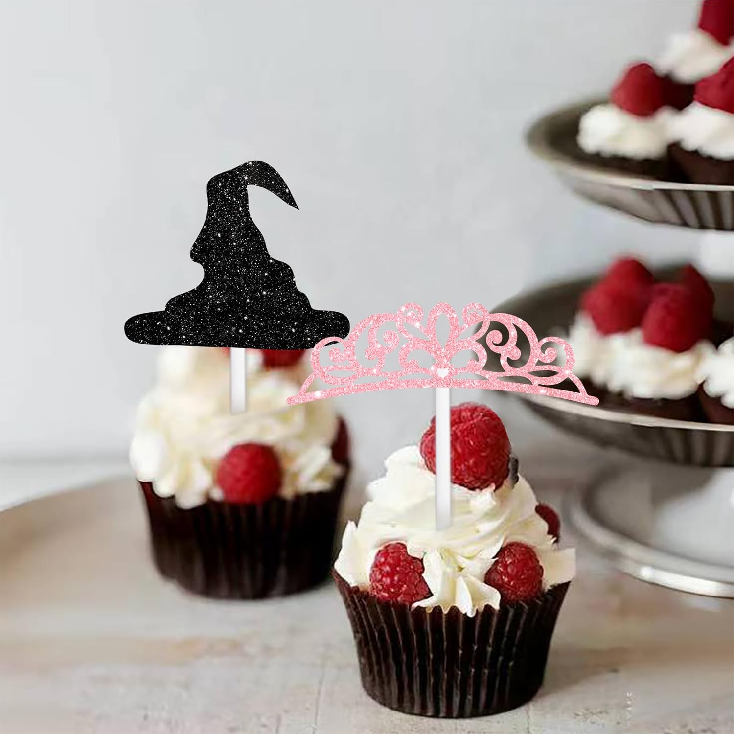 18pcs Black Pink Glitter Witch Hat Crown Dessert Cupcake Topper Pick for Princess Witch Party Theme Decor Supplies Men Women Boys Girls Happy Birthday Party Decoration