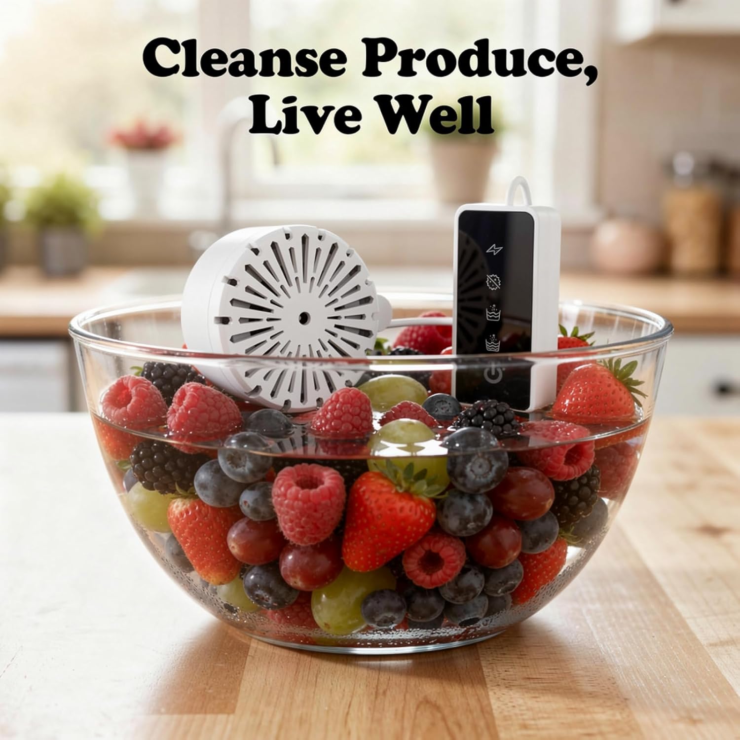 Ion Ultrasonic Fruit Vegetable Purifier, Portable White Plastic Disinfector, USB Charging, High Efficiency Leftover Removal for Rv, 3.1 X 1.4 in Control, 3 X 1.8 in Purifier