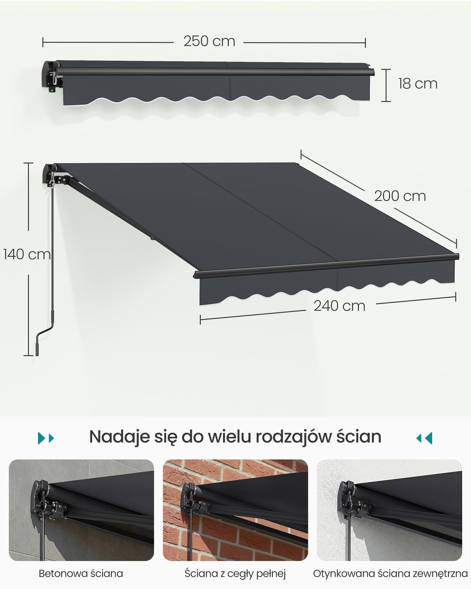 SONGMICS Markiza balkonowa z ramieniem składanym, z korbą ręczną, UPF 50+, stop aluminium, regulowana, 250 x 200 cm, szara GSA256GZ01