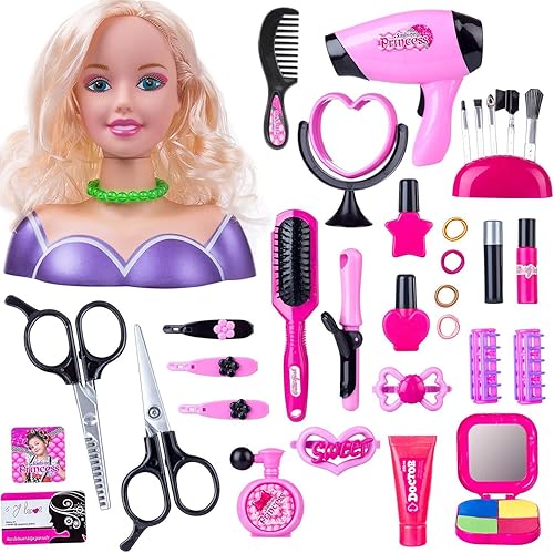 KonHaovF Cabeza de muñeca para peinar el cabello y maquillaje para niñas pequeñas, muñeca con práctica de maquillaje de cabello, juguetes de
