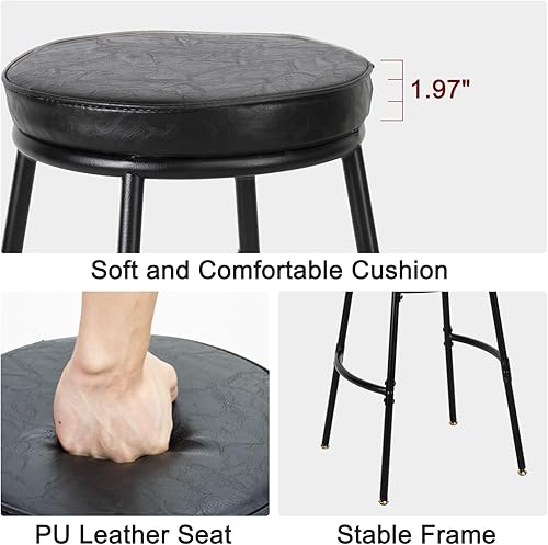 Miniatura 5 de Juego de 2 taburetes de bar de piel sintética, sillas de bar redondas de cocina con reposapiés, taburetes industriales, marco de acero resistente,