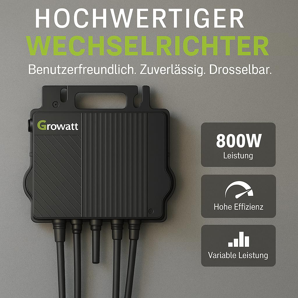 Growatt 800W Mikrowechselrichter NEO800M-X WiFi fähig mit 5m Schuko Kabel steckerfertig für Balkonkraftwerk BKW - Genehmigungsfrei