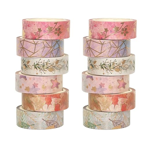 12 Rolls Floral Washi Tape Set 15 mm Wide Colorful Flowers Pattern Gold Foil Print Japanese Masking Tape Décor for Scrapbook Bullet Journal Gift