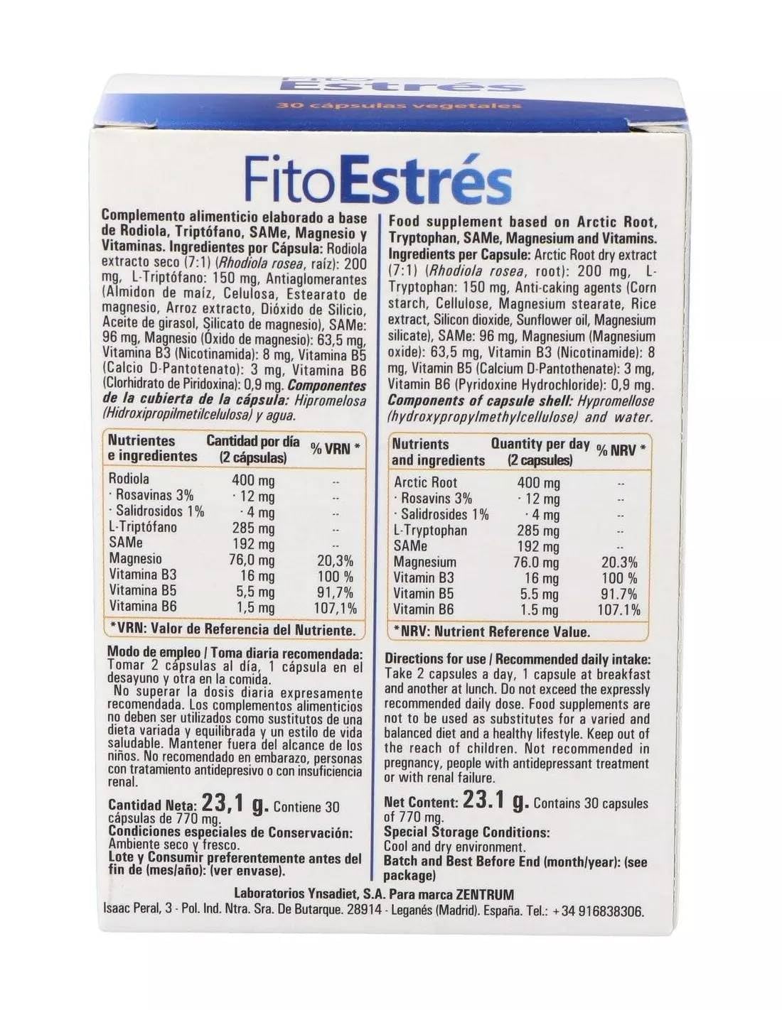 Pack 3 Fito Estrés Zentrum Ynsadiet 30 cápsulas vegetales, 90 cápsulas en total, con rodiola, L-triptófano, SAMe, magnesio y vitaminas B3, B5 y B6, formato ahorro diario.