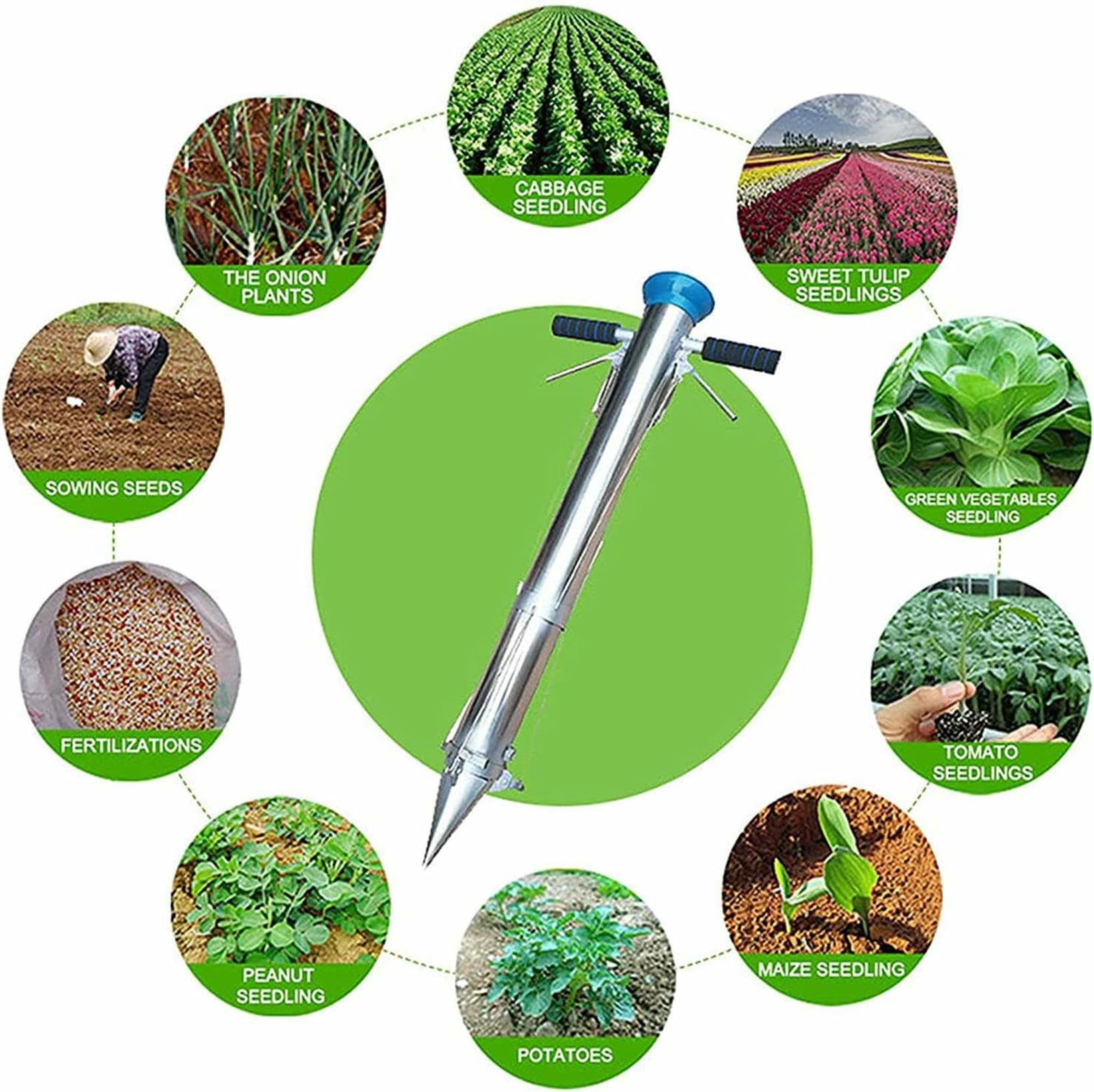 Blumenzwiebel-Pflanzgefäß-Werkzeug, langer Griff, Edelstahl-Pflanzgefäß für Gemüsesetzlinge und Tulpen, manuelles Hand-Gartengerät für Jungpflanzen und Gewächshausgebrauch