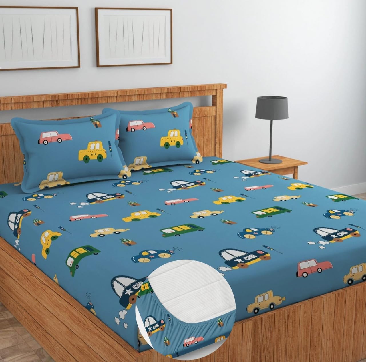 NEW LEAF Cotton Fitted King Size Double Bedsheets with 2 Pillow Covers | Elastic Fitted | Wrinklefree | Ultrasoft |All Season Bedsheet 220 tc tc Floral | 78 x 72+8 Inches, Denim Blue