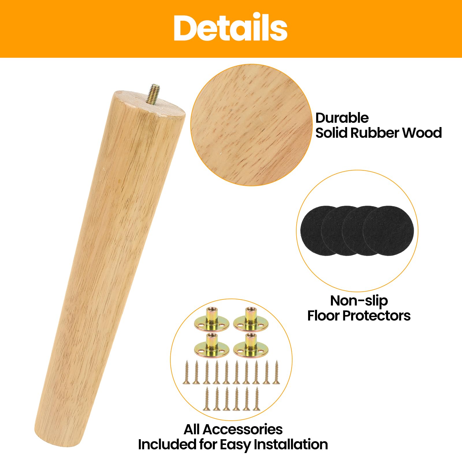 Luabue 12 inch Wooden Table Legs 30cm Chair Legs Furniture Feet Set of 4 Solid Rubber Wood Sofa Leg Replacement Bed Leg Dresser Feet with Non-Slip Floor Protection Pads and Screws - Image 3