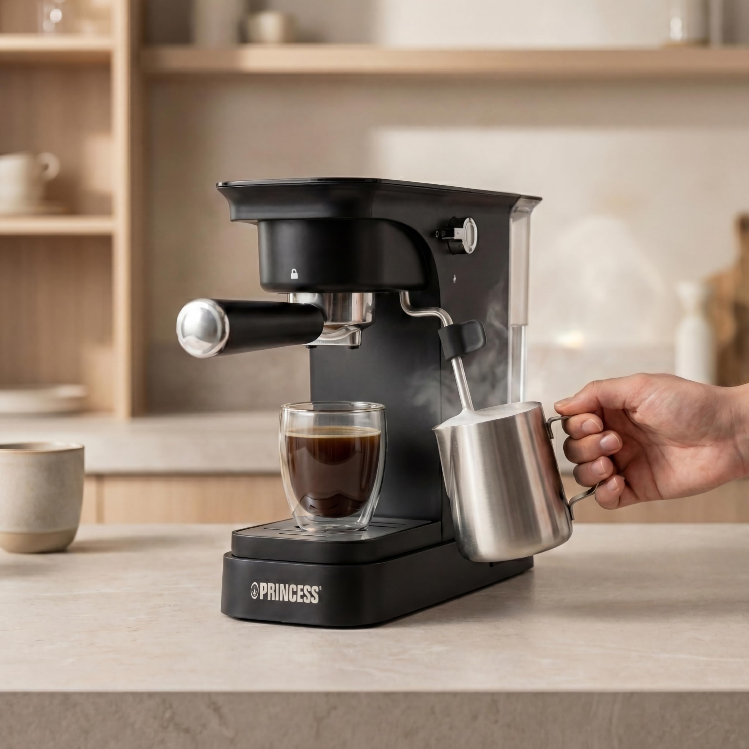 Princess Espressomaschine, 20 Bar Pumpdruck, 0,8 l Wassertank, Für Gemahlenen Kaffee und ESE Pads, Kompaktes Design, Schwarzes Gehäuse, 01.249421.01.001