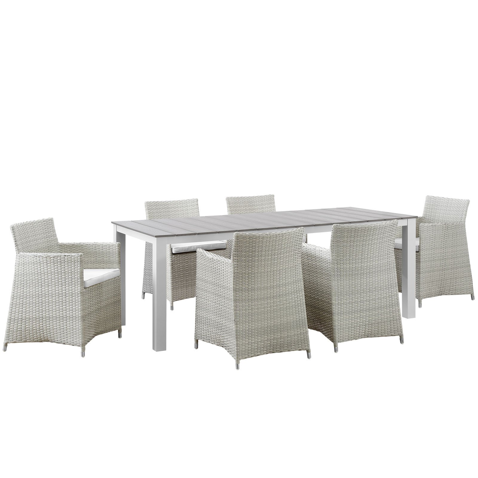 Junction - Juego de comedor de mimbre de ratán de 7 piezas para exteriores con mesa de comedor de 80 pulgadas y seis sillones de comedor con cojines en gris y blanco