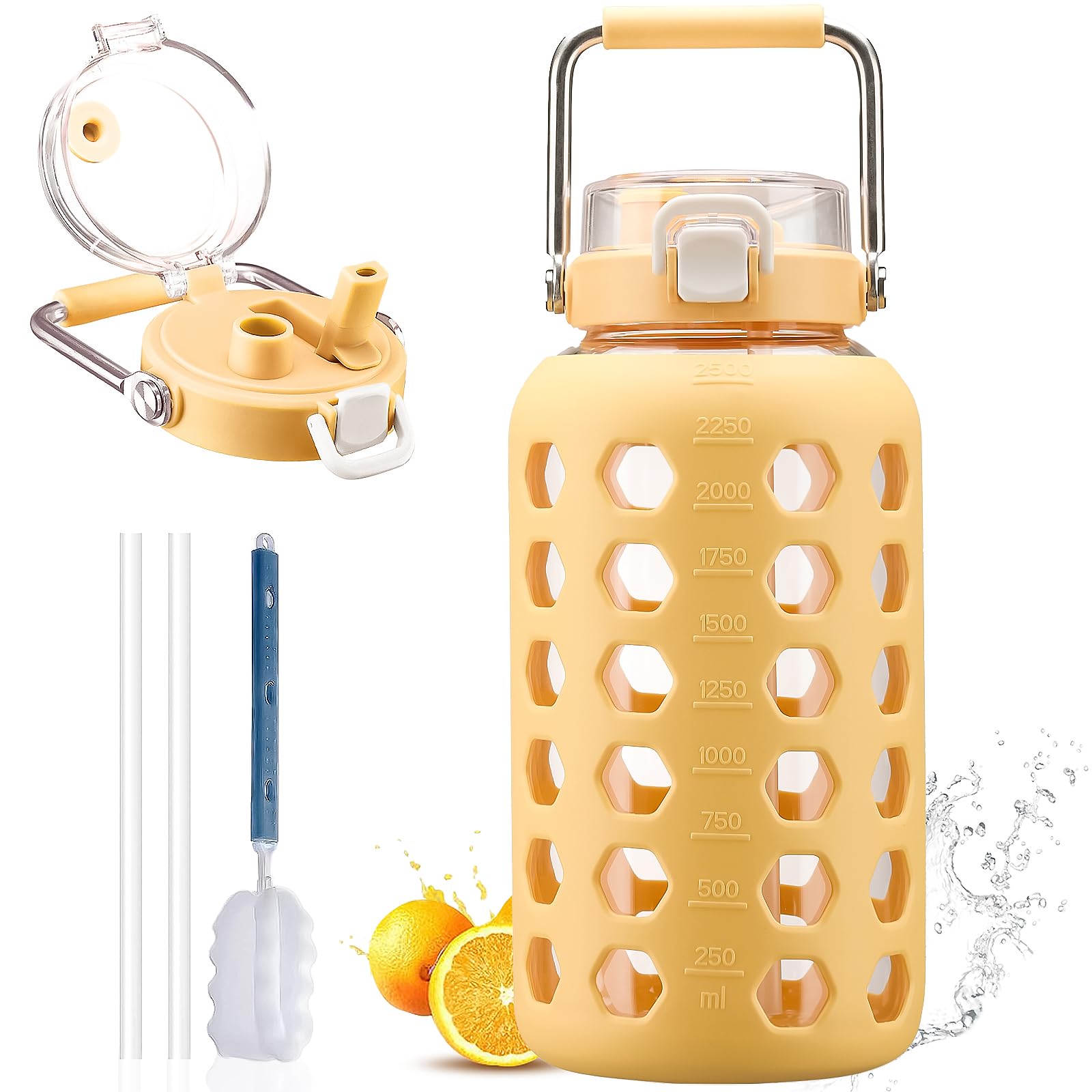 MUKOKO 84 oz Glass Water Bottle, Stainless Steel Handle, Yellow
