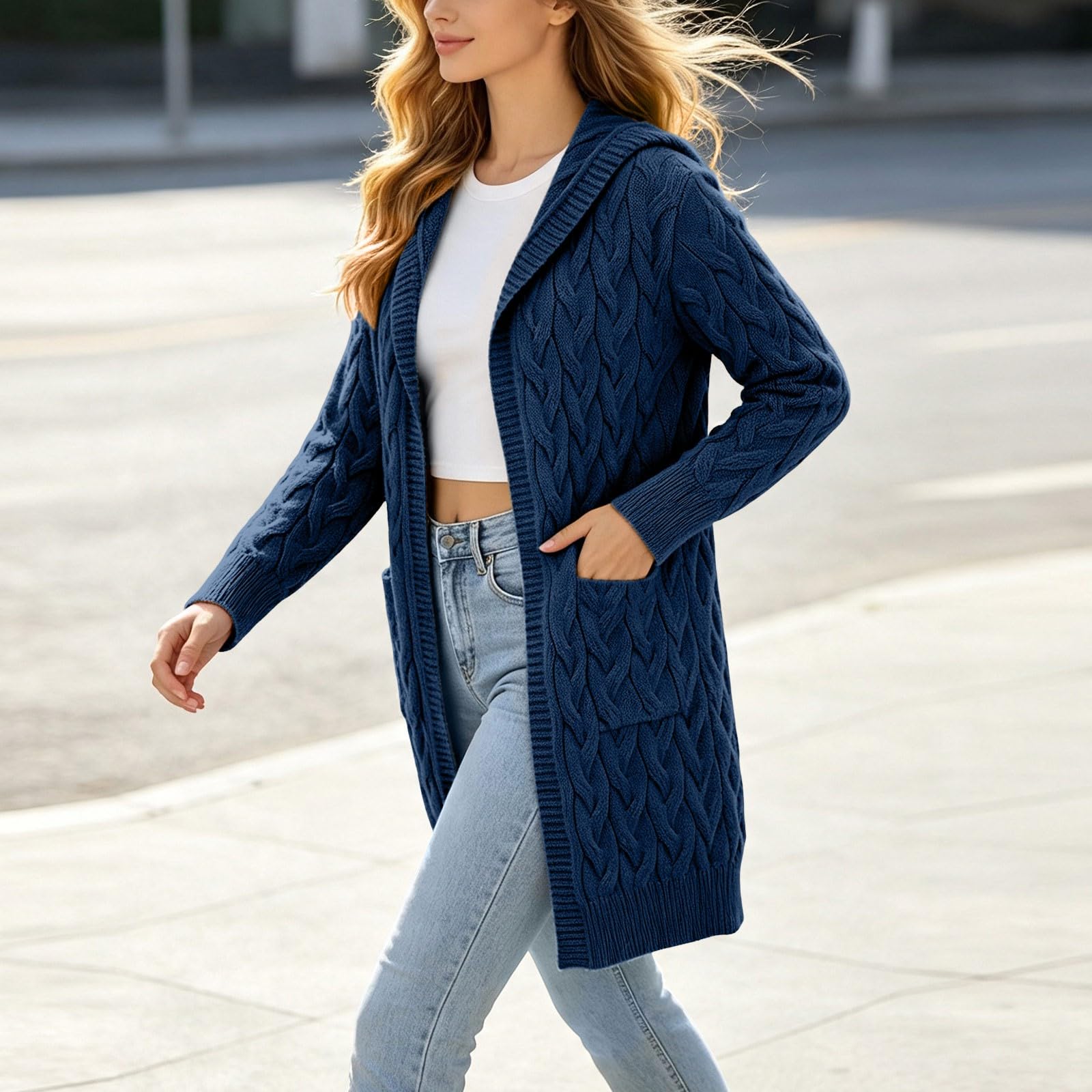 Gilet en Maille pour Femme, Torsades Texturées, Port Ouvert, Coupe Longue