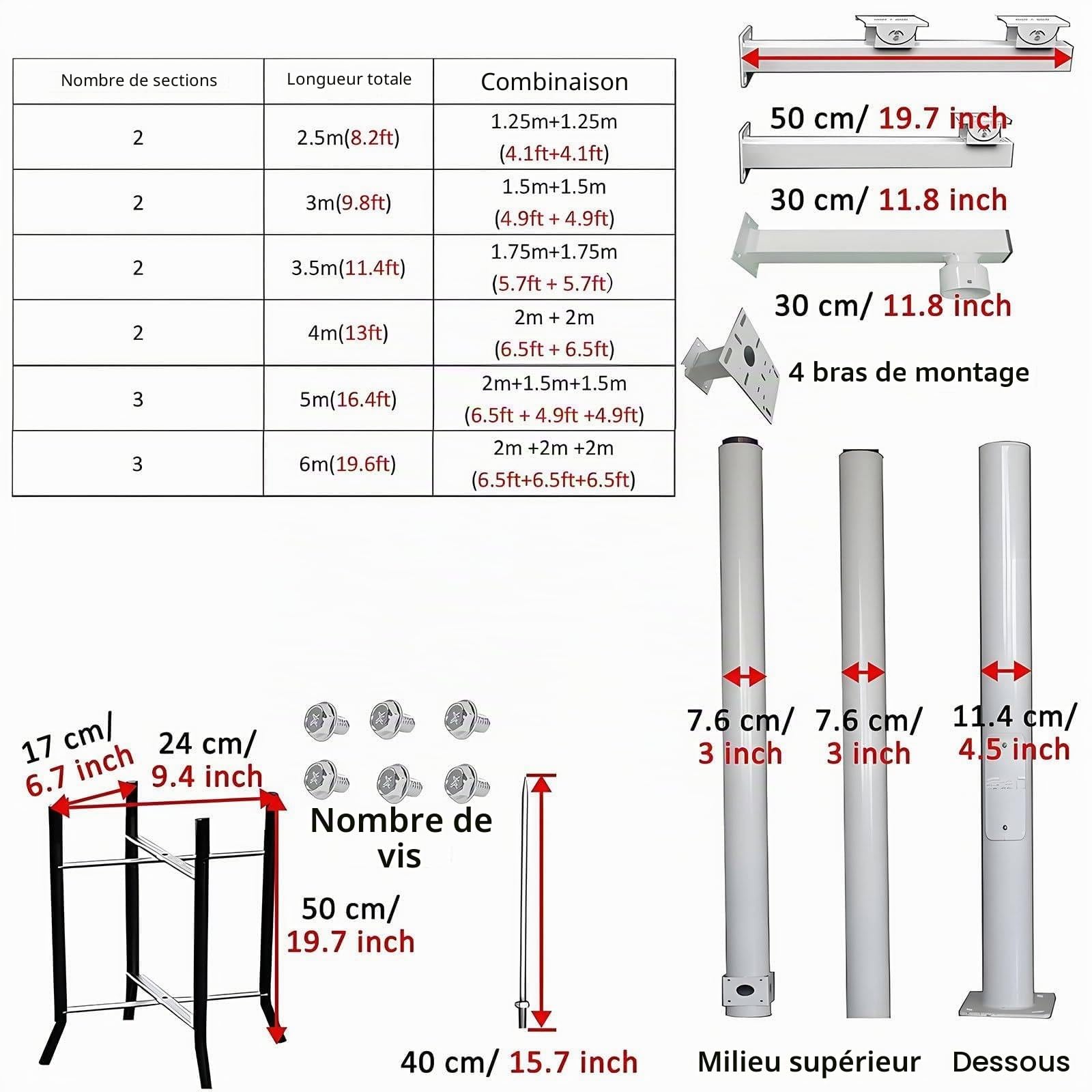 Support De Surveillance Segmenté pour Caméras De Sécurité Extérieures. Support De Caméra De Surveillance Tous Temps, Poteau Extra-Long De 2 à 6 M pour Caméra De Sécurité A-6.5ft/2m